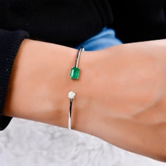 Minimalist 1Ct Zambian Emerald Diamond Cuff Bracelet Gift 18k White Gold Jewelry