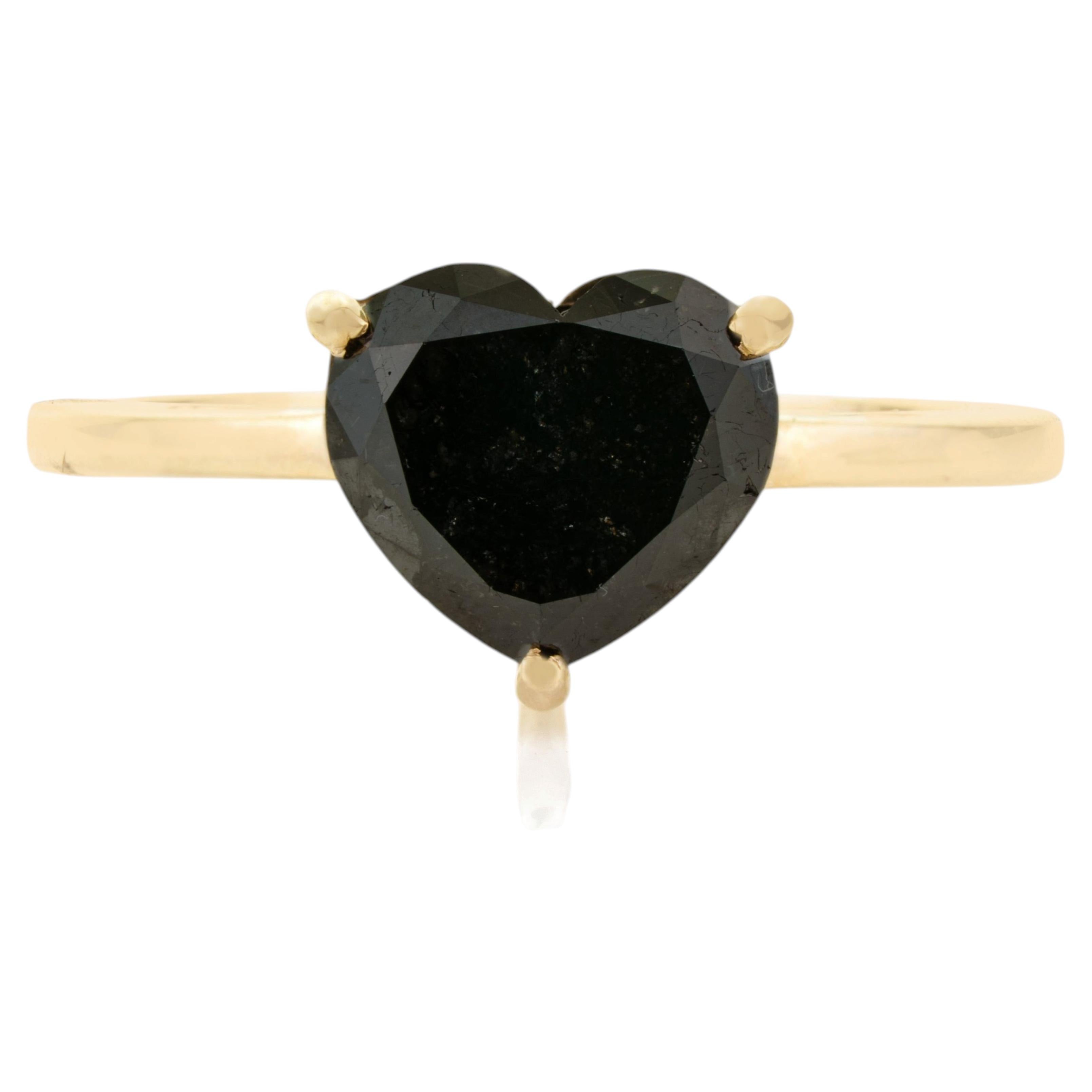 For Sale:  Minimalist 3.11Carat Heart Shape Black Diamond Solitaire Ring in 14K Yellow Gold