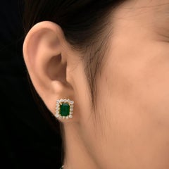 Minimalist 3.46Ct Zambian Emerald & 1.23Ct Diamond Halo Stud Earrings 10K Gold