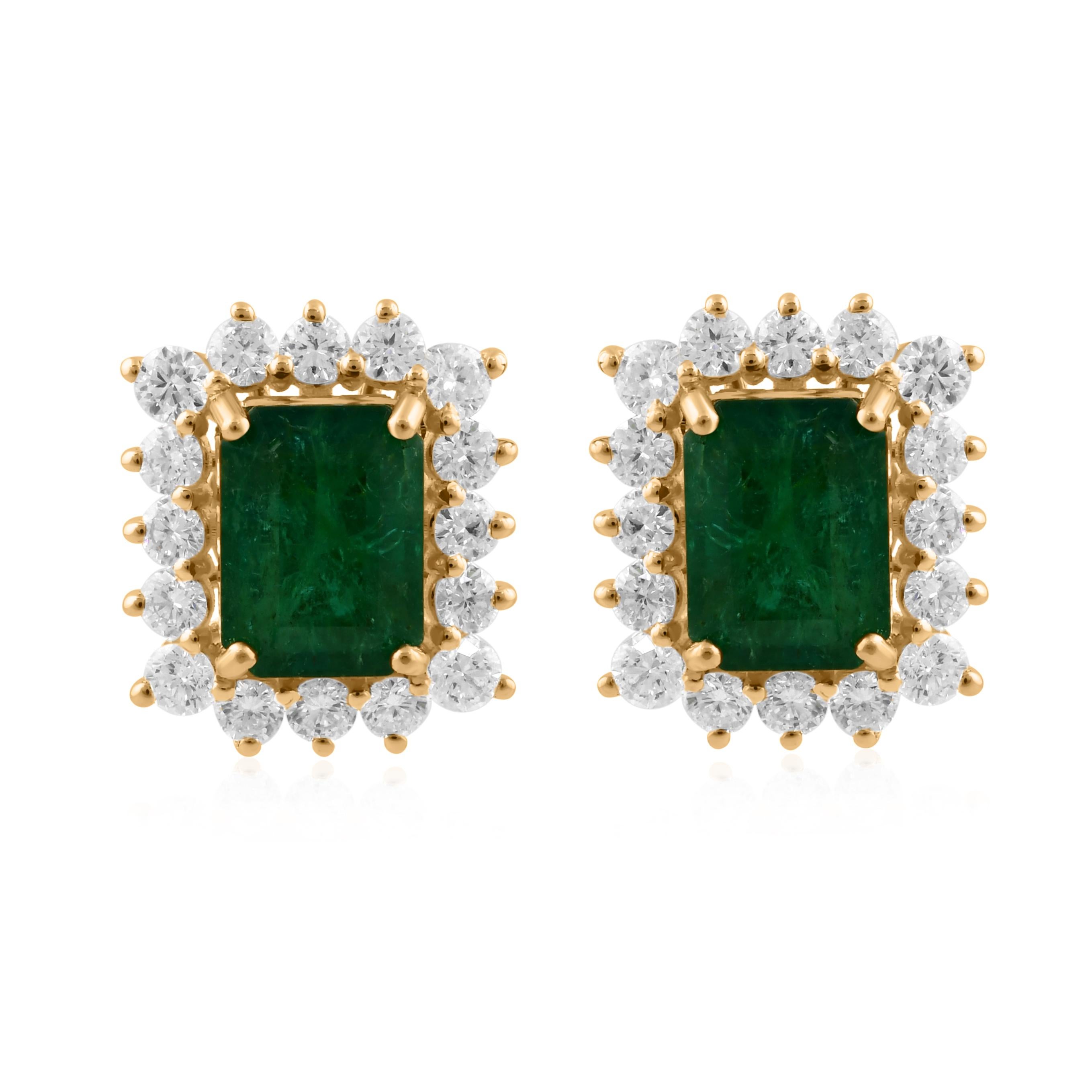 Orecchini minimalisti con smeraldo dello Zambia da 3,46 carati e diamante aureolato da 1,23 carati in oro 10 carati