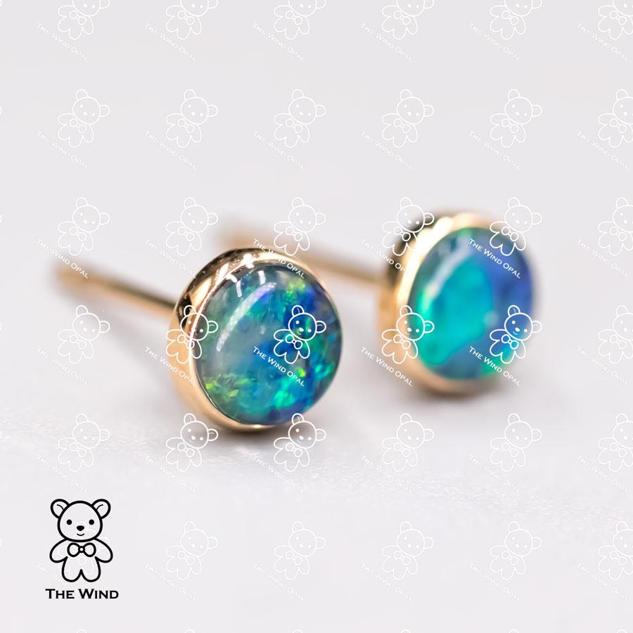 Minimalist 6x6 mm Round Shaped Australian Triplet Opal Stud Earrings 18K Yellow In New Condition For Sale In Suwanee, GA