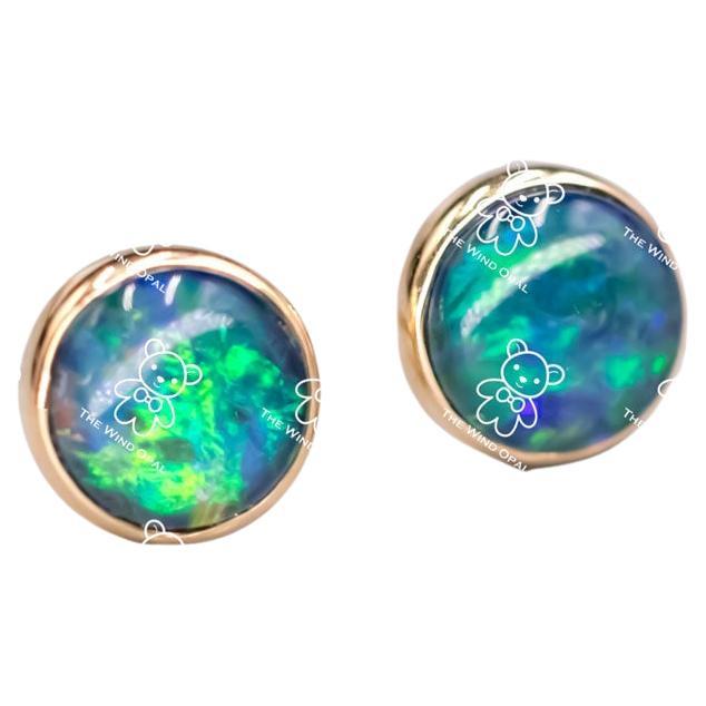 Minimalist 6x6 mm Round Shaped Australian Triplet Opal Stud Earrings 18K Yellow For Sale