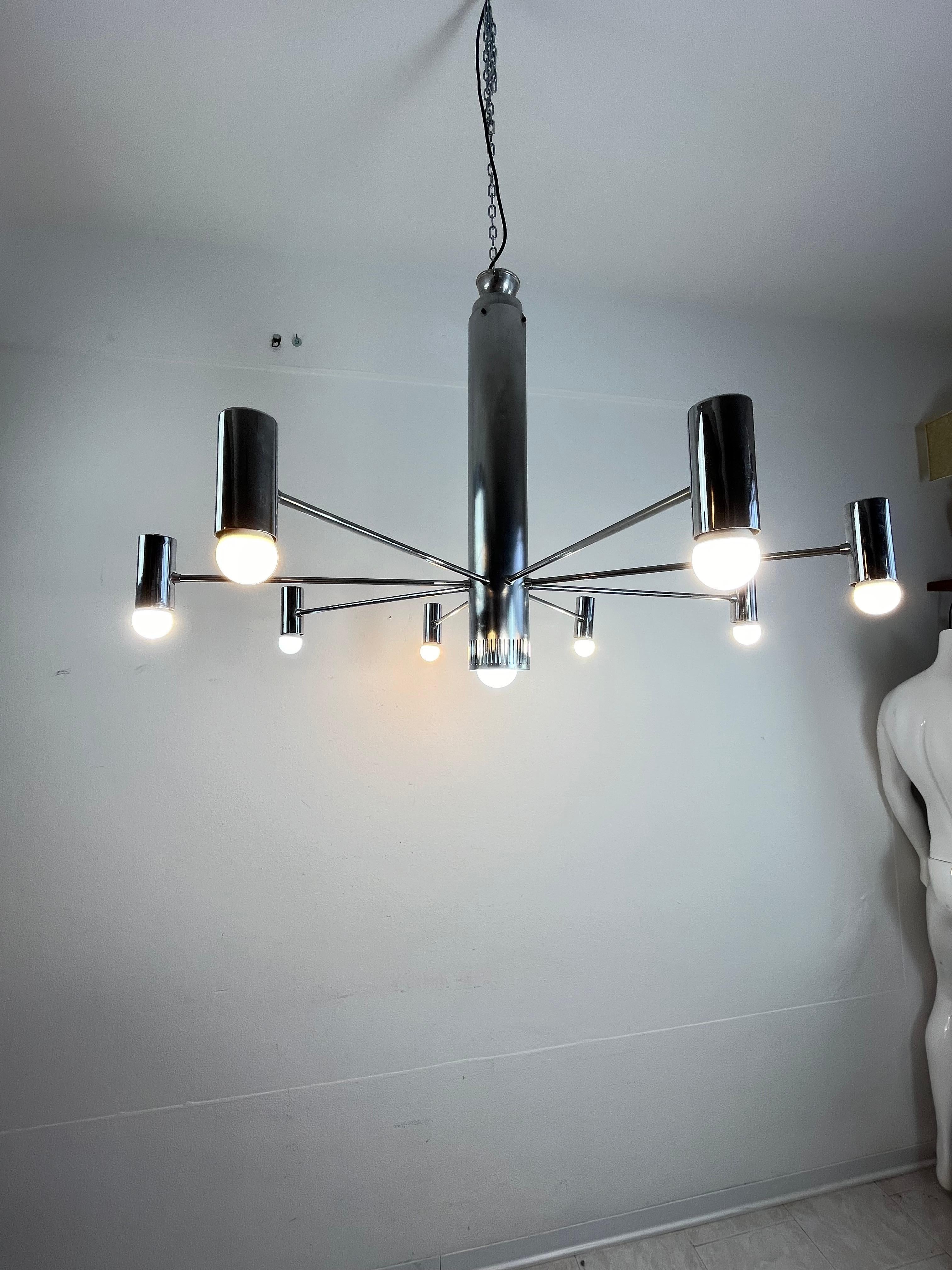Italian Minimalist 9-Light Steel Chandelier Attributed To Angelo Brotto 1970s For Sale