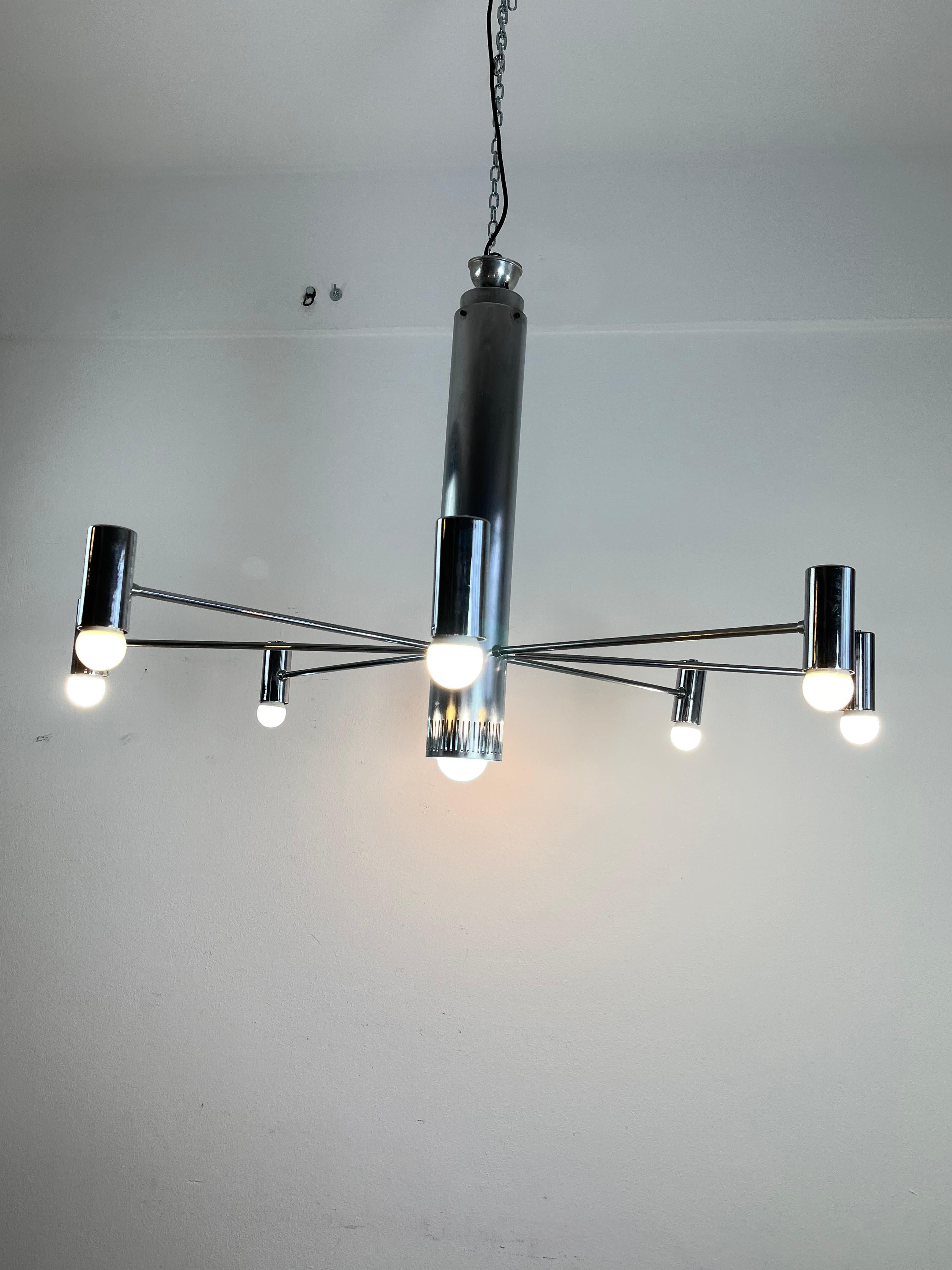 Minimalist 9-Light Steel Chandelier Attributed To Angelo Brotto 1970s In Good Condition For Sale In Palermo, IT