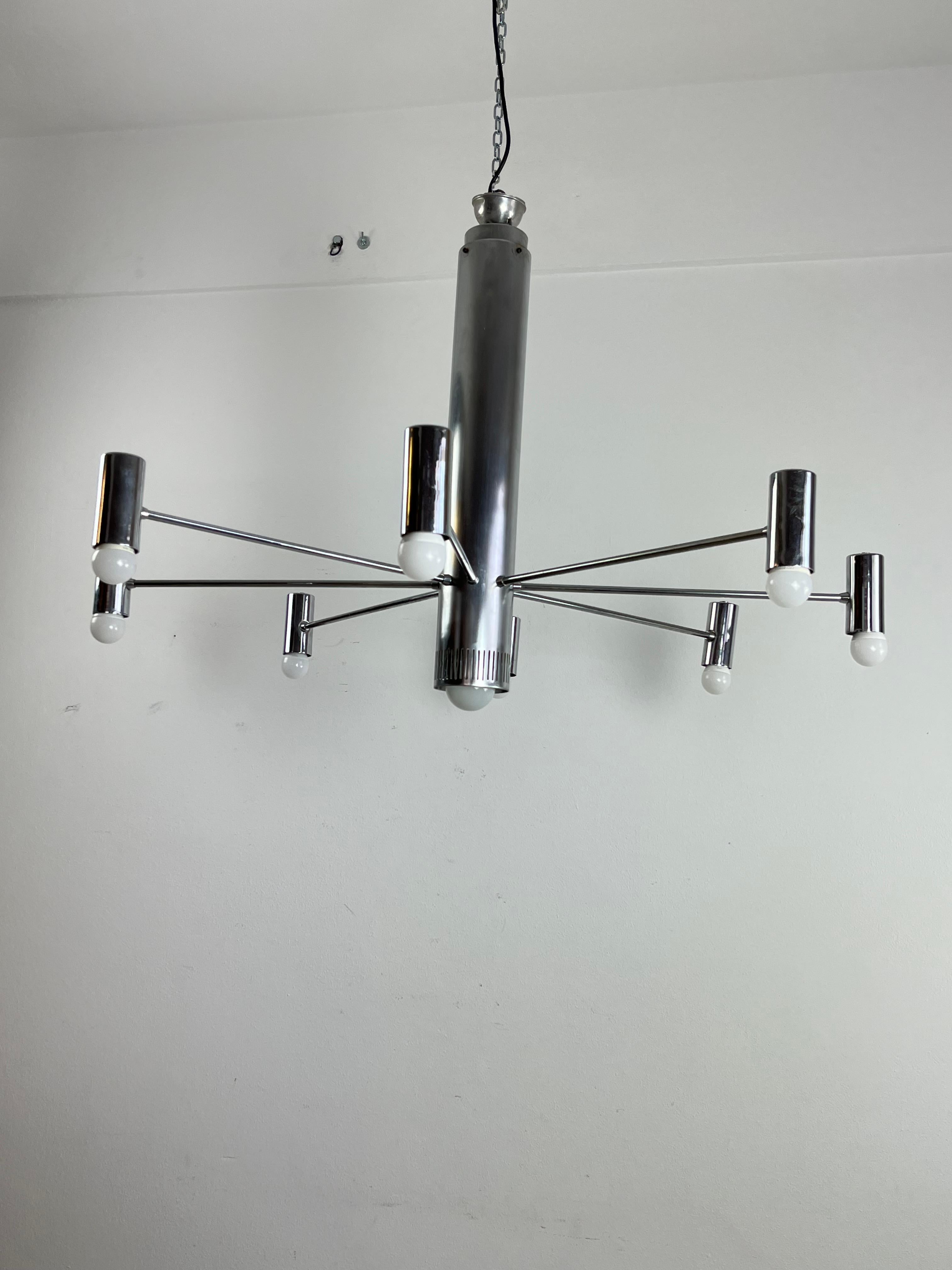 Minimalist 9-Light Steel Chandelier Attributed To Angelo Brotto 1970s For Sale 1