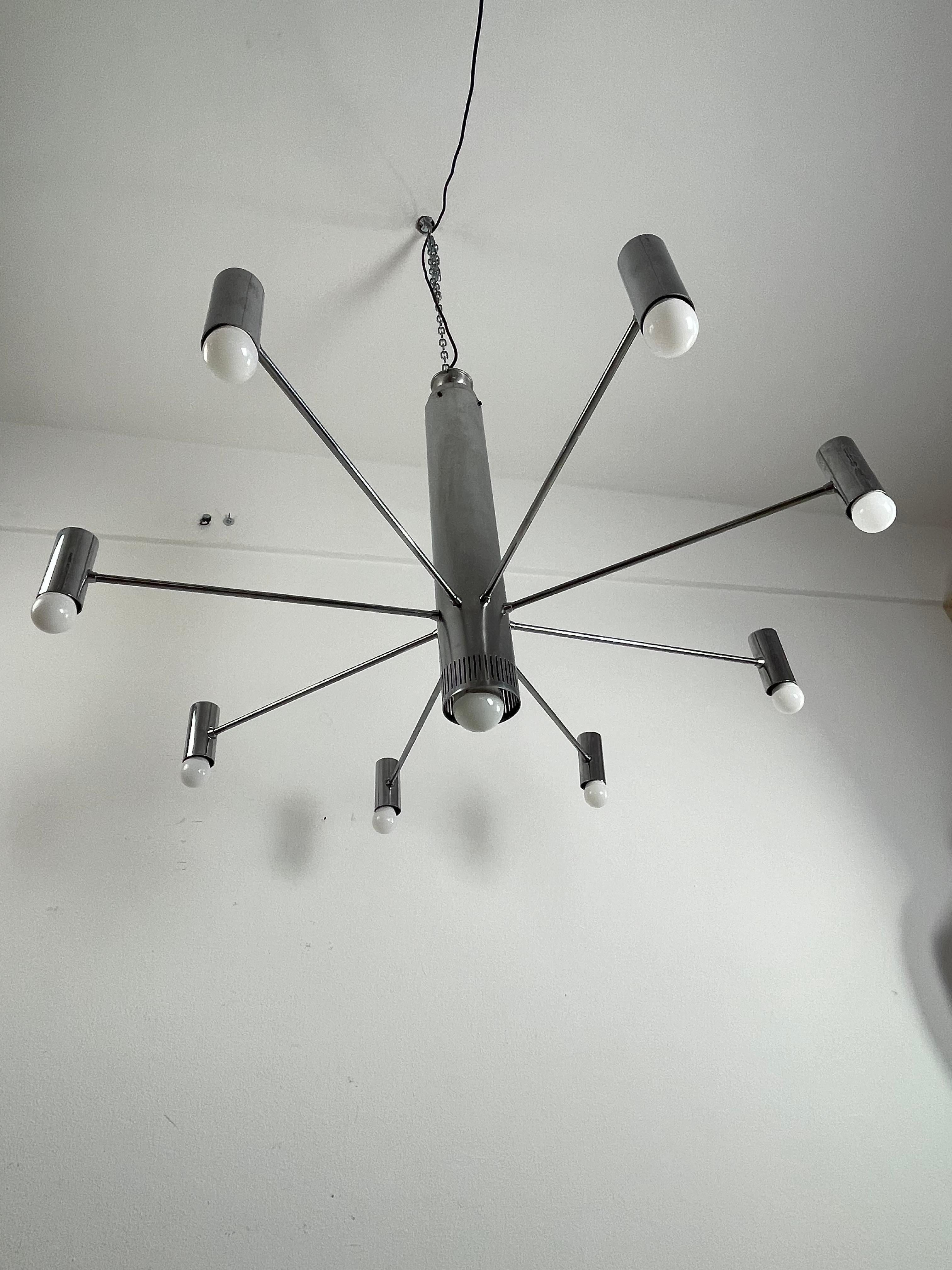 Minimalist 9-Light Steel Chandelier Attributed To Angelo Brotto 1970s For Sale 2