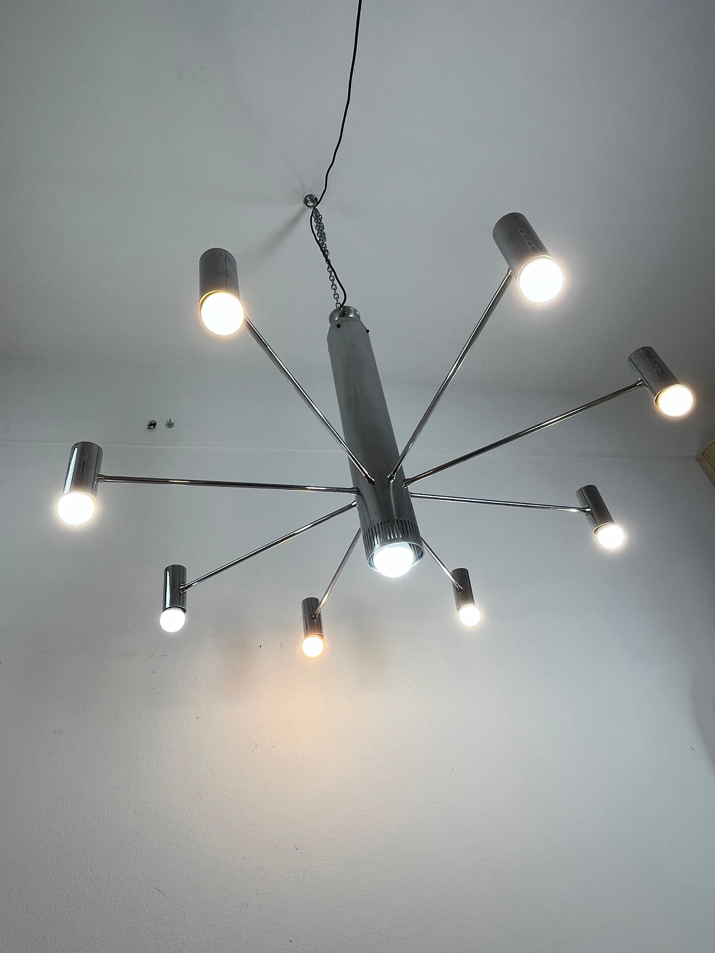 Minimalist 9-Light Steel Chandelier Attributed To Angelo Brotto 1970s For Sale 3