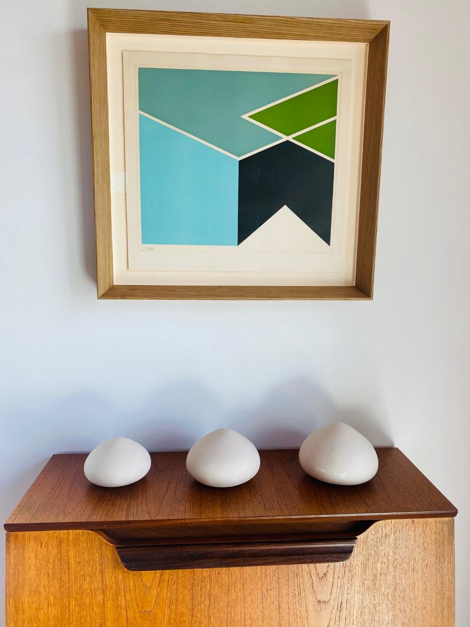 Set of 3 incredible ceramic abstract sculptures by California artist Judith Pike. These beautifully rendered ceramic sculptures are a study of form. The minimalism encountered in this 3 pieces catapult them to organic sculptural forms. The shape is