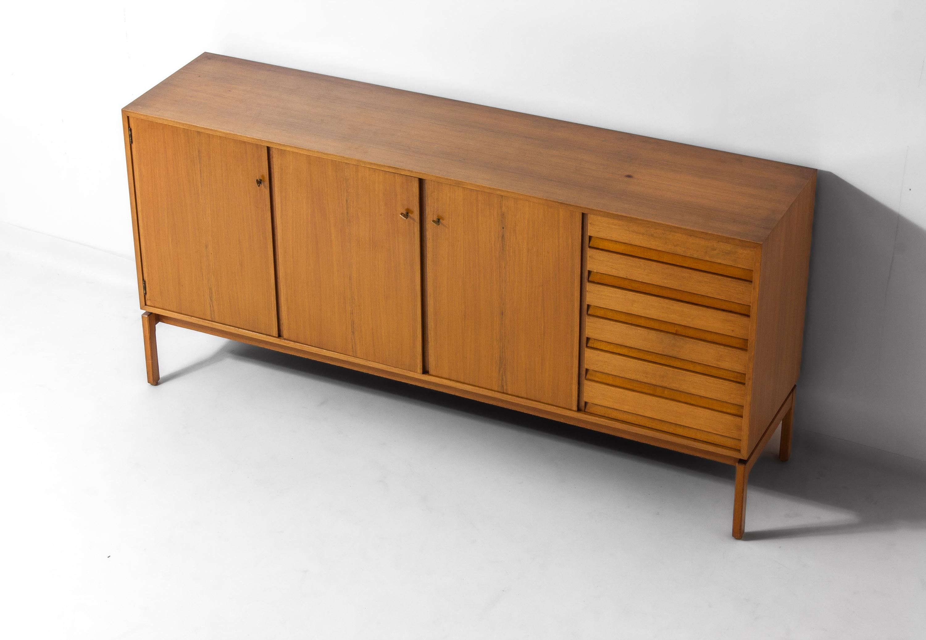 Beech Minimalist 'abstracta' sideboard in beech by Jos de Mey, Belgium 1960s For Sale