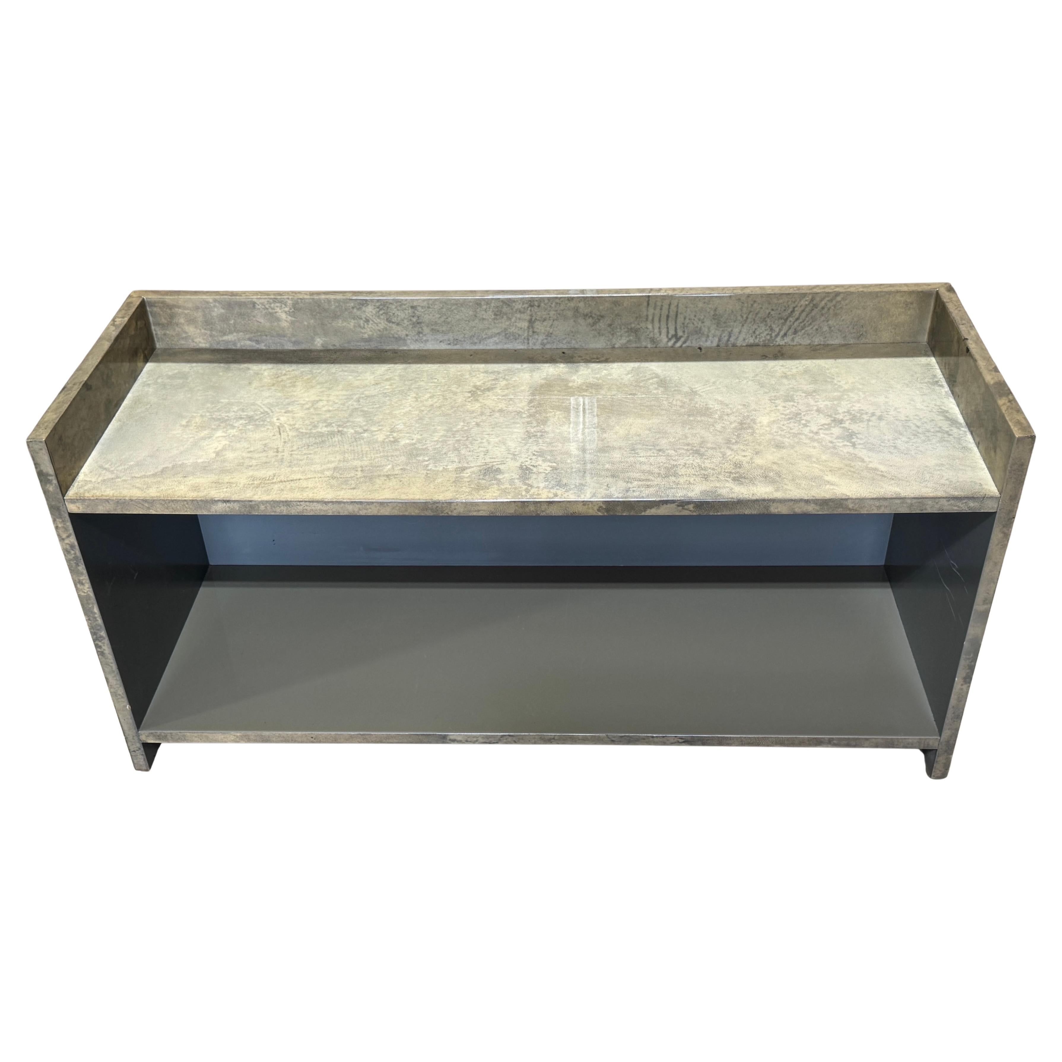 Modern Minimalist Aldo Tura Green Goatskin Lacquered Bookcase/ Shelf on Castors