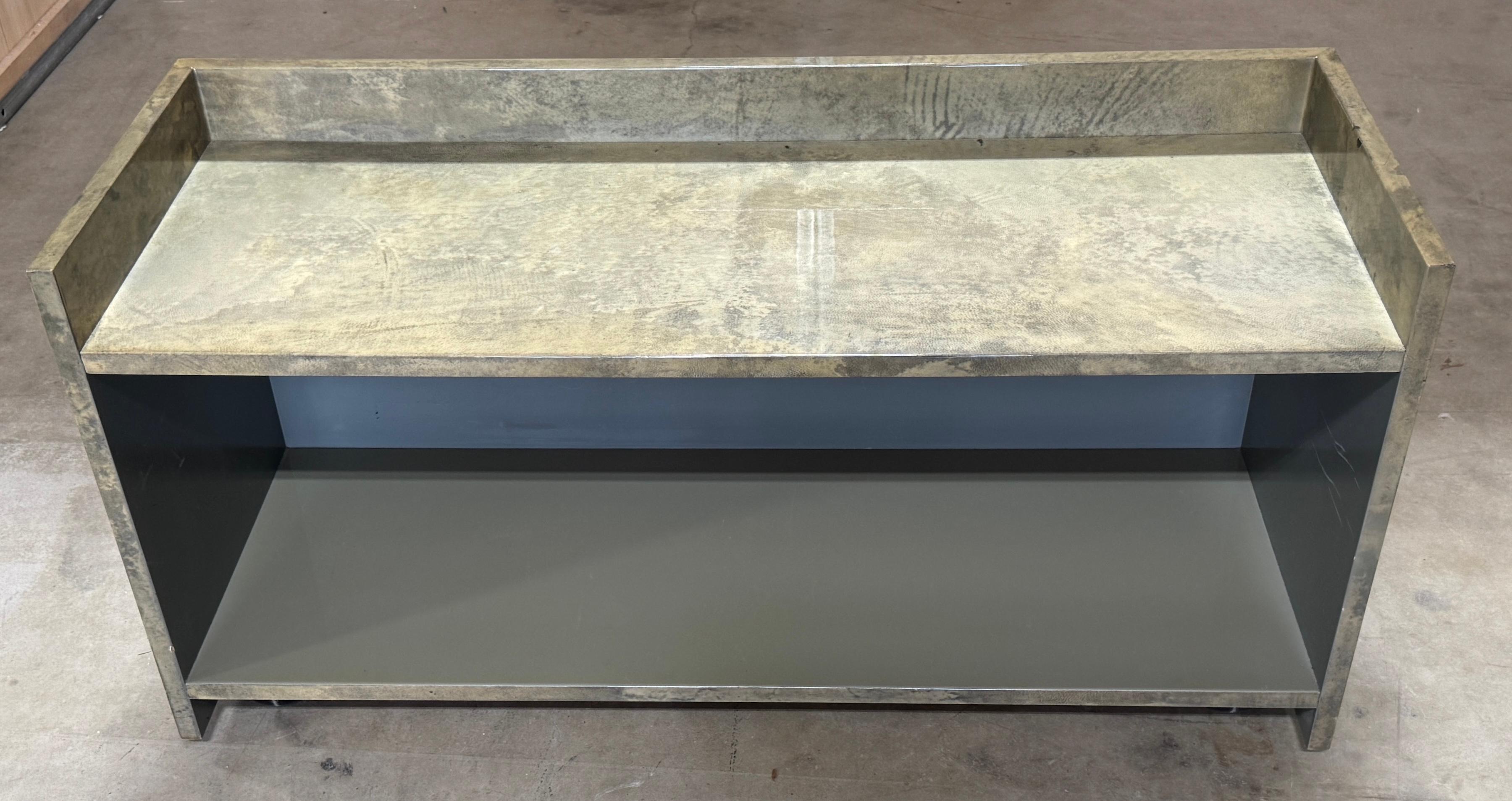 Italian Minimalist Aldo Tura Green Goatskin Lacquered Bookcase/ Shelf on Castors