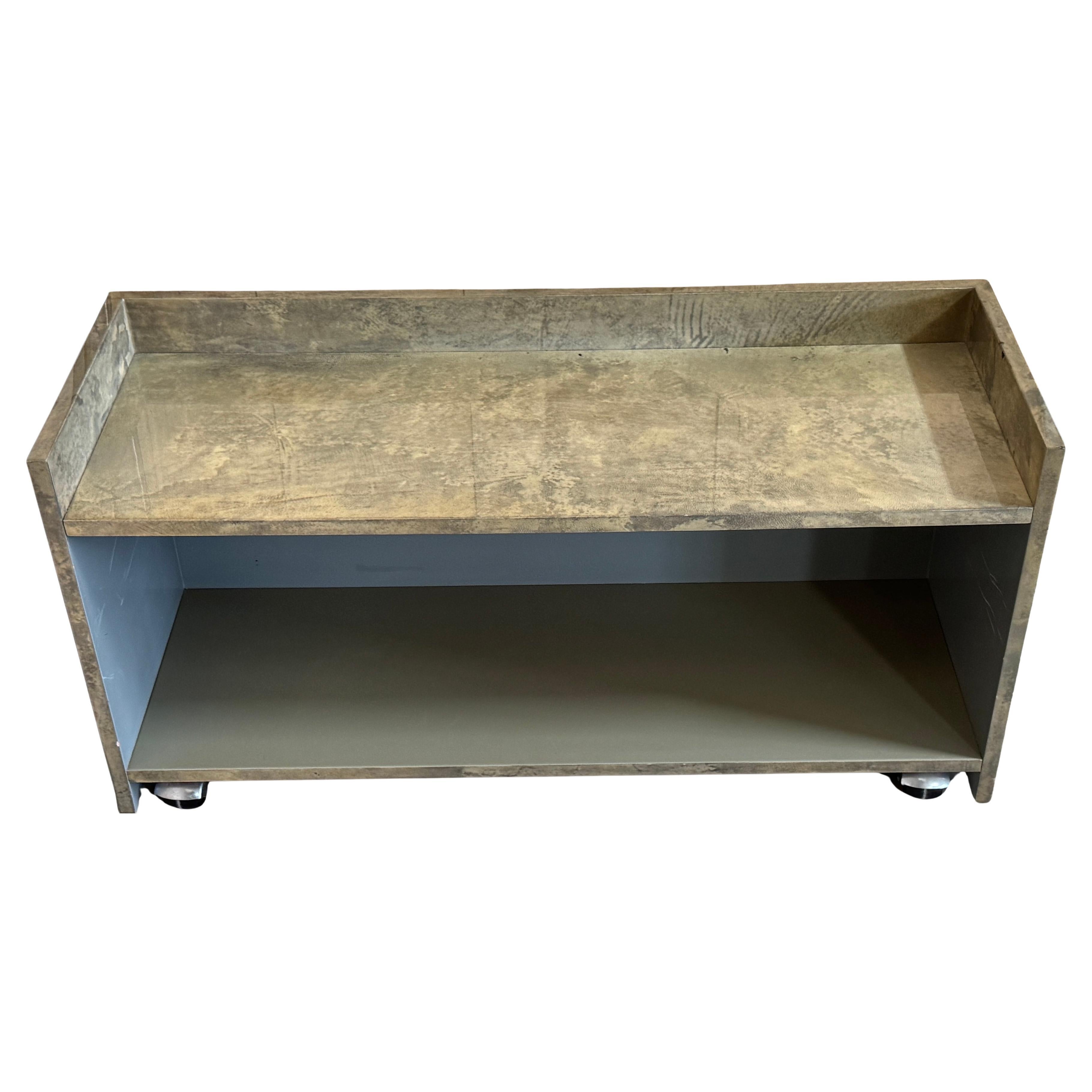 Minimalist Aldo Tura Green Goatskin Lacquered Bookcase/ Shelf on Castors
