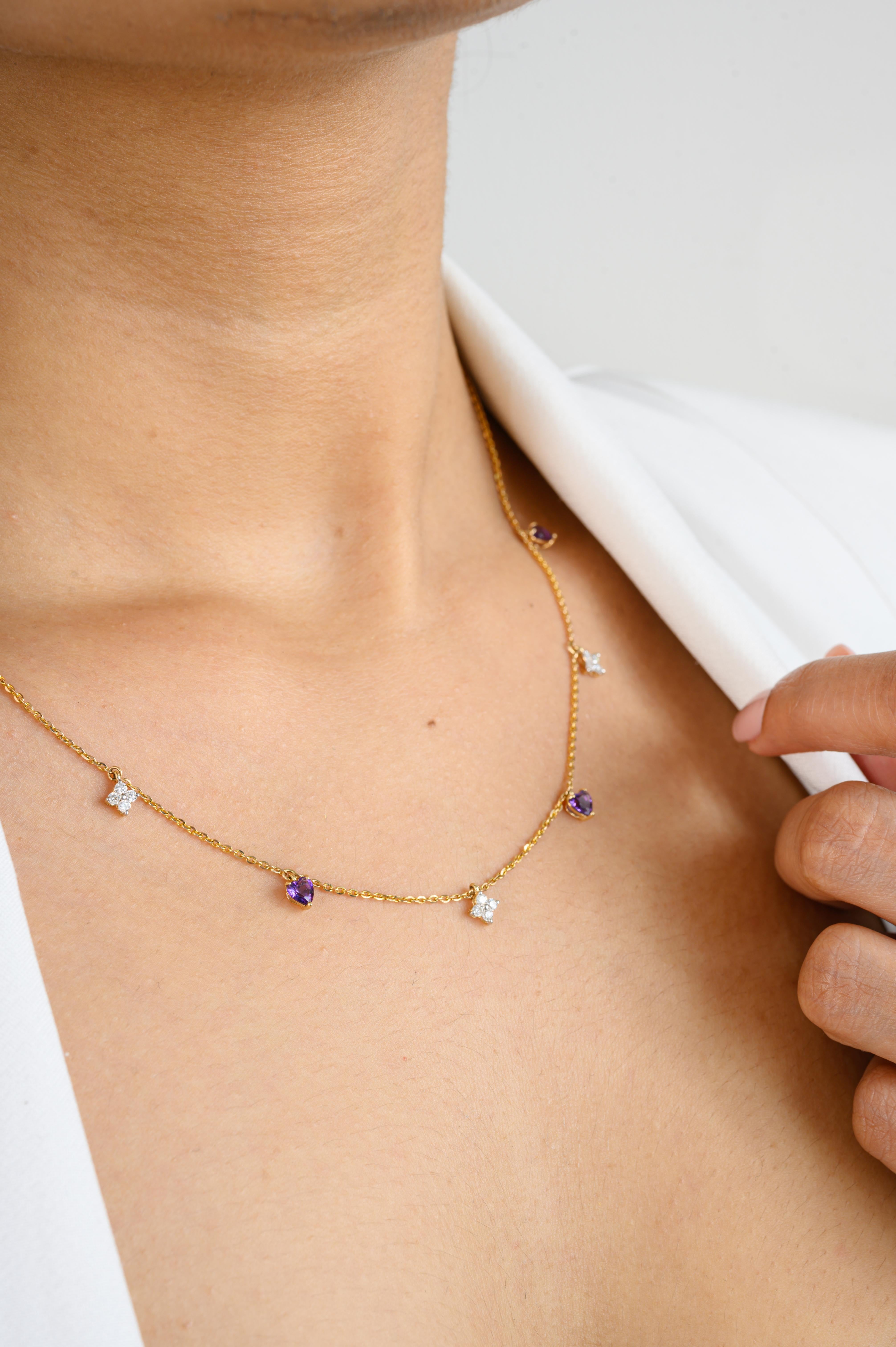Minimalist Amethyst Diamond Charm Chain Necklace Gift for Her in 14K Gold studded with heart cut amethyst and diamonds. This stunning piece of jewelry instantly elevates a casual look or dressy outfit. 
Amethyst helps to relieve stress and anxiety