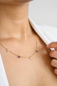 Minimalist Amethyst Diamond Charm Chain Necklace Gift for Her in 14k Yellow Gold