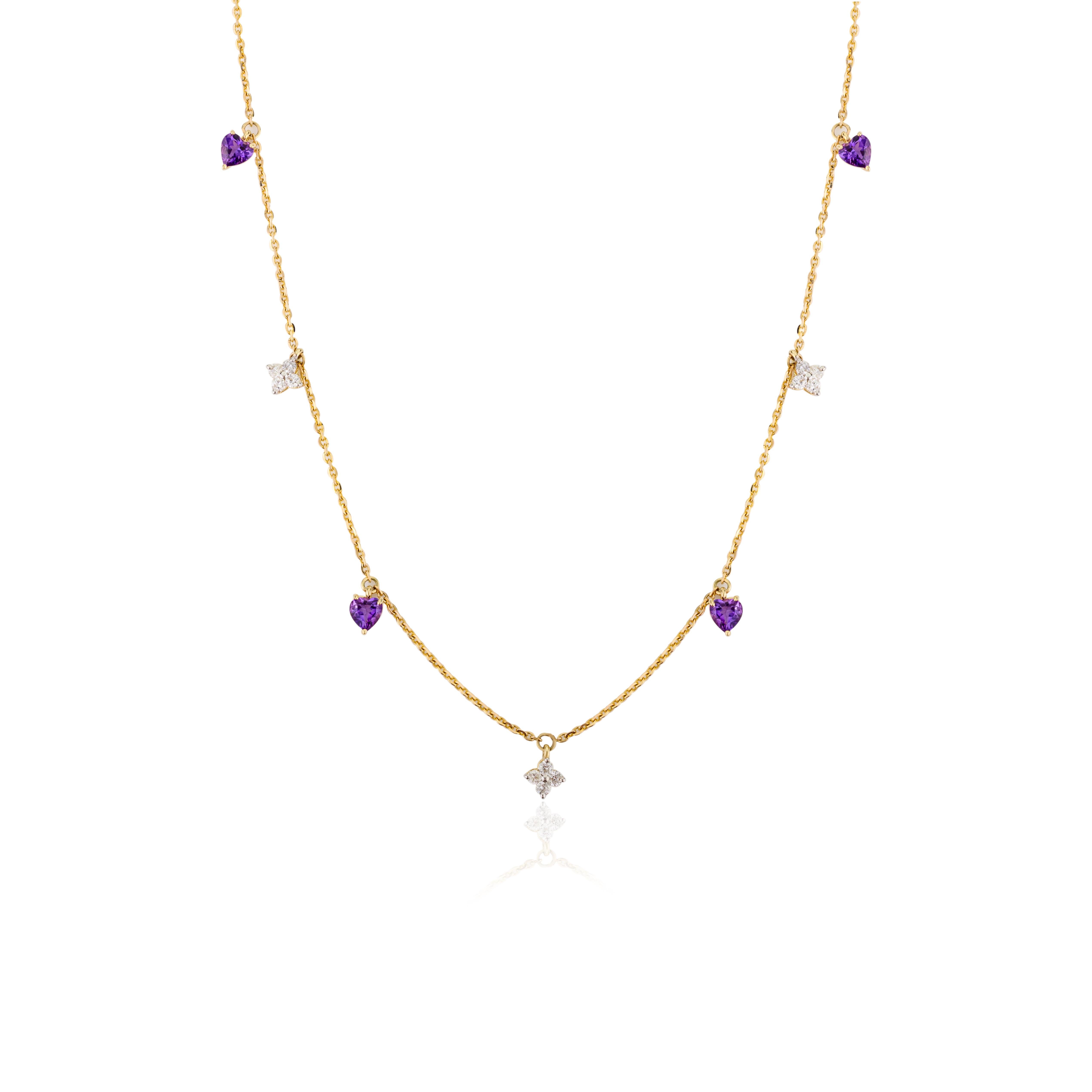 Contemporary Minimalist Amethyst Diamond Charm Chain Necklace Gift for Her in 14k Yellow Gold For Sale