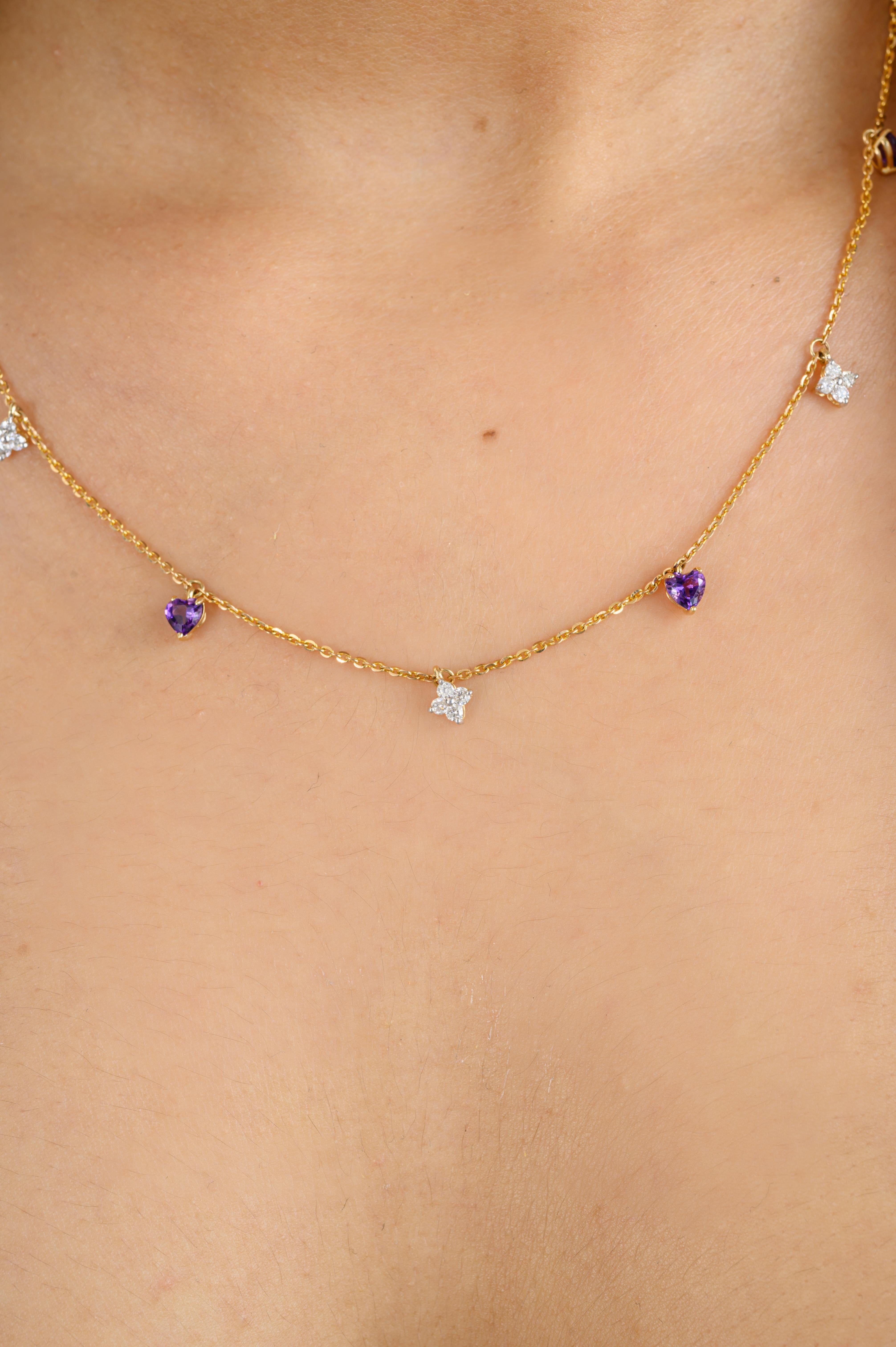 Heart Cut Minimalist Amethyst Diamond Charm Chain Necklace Gift for Her in 14k Yellow Gold For Sale