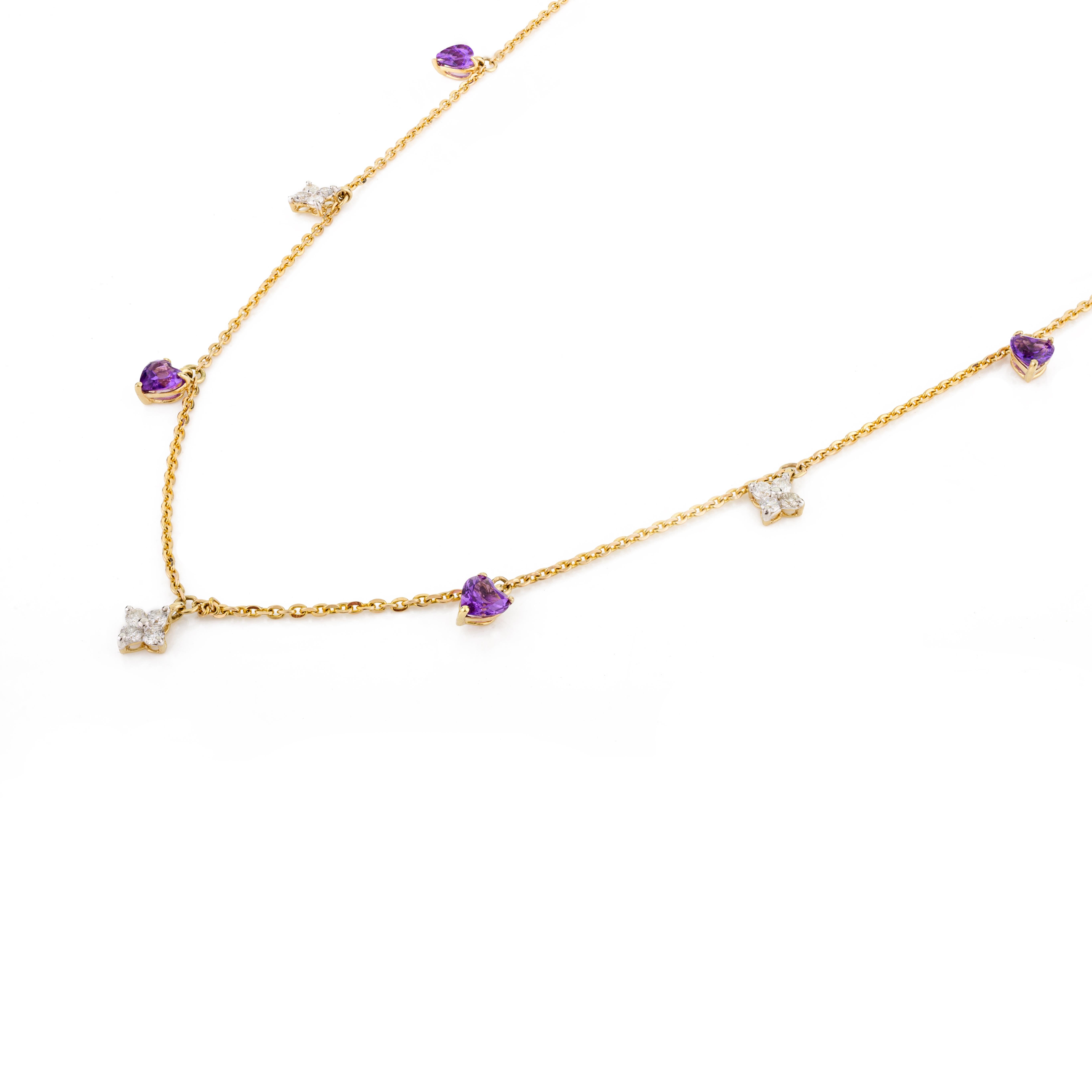 Minimalist Amethyst Diamond Charm Chain Necklace Gift for Her in 14k Yellow Gold In New Condition For Sale In New York, NY