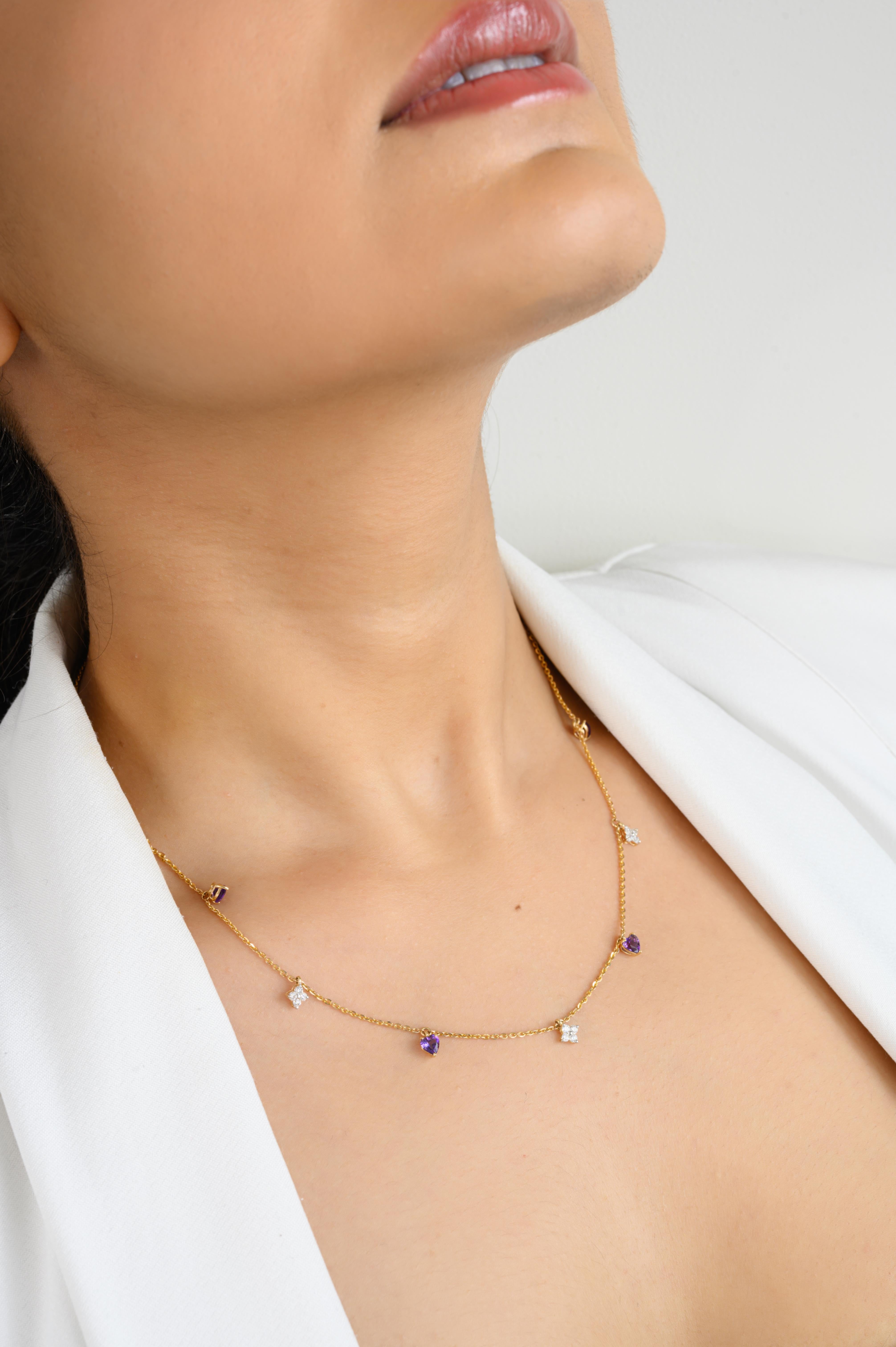 Women's Minimalist Amethyst Diamond Charm Chain Necklace Gift for Her in 14k Yellow Gold For Sale