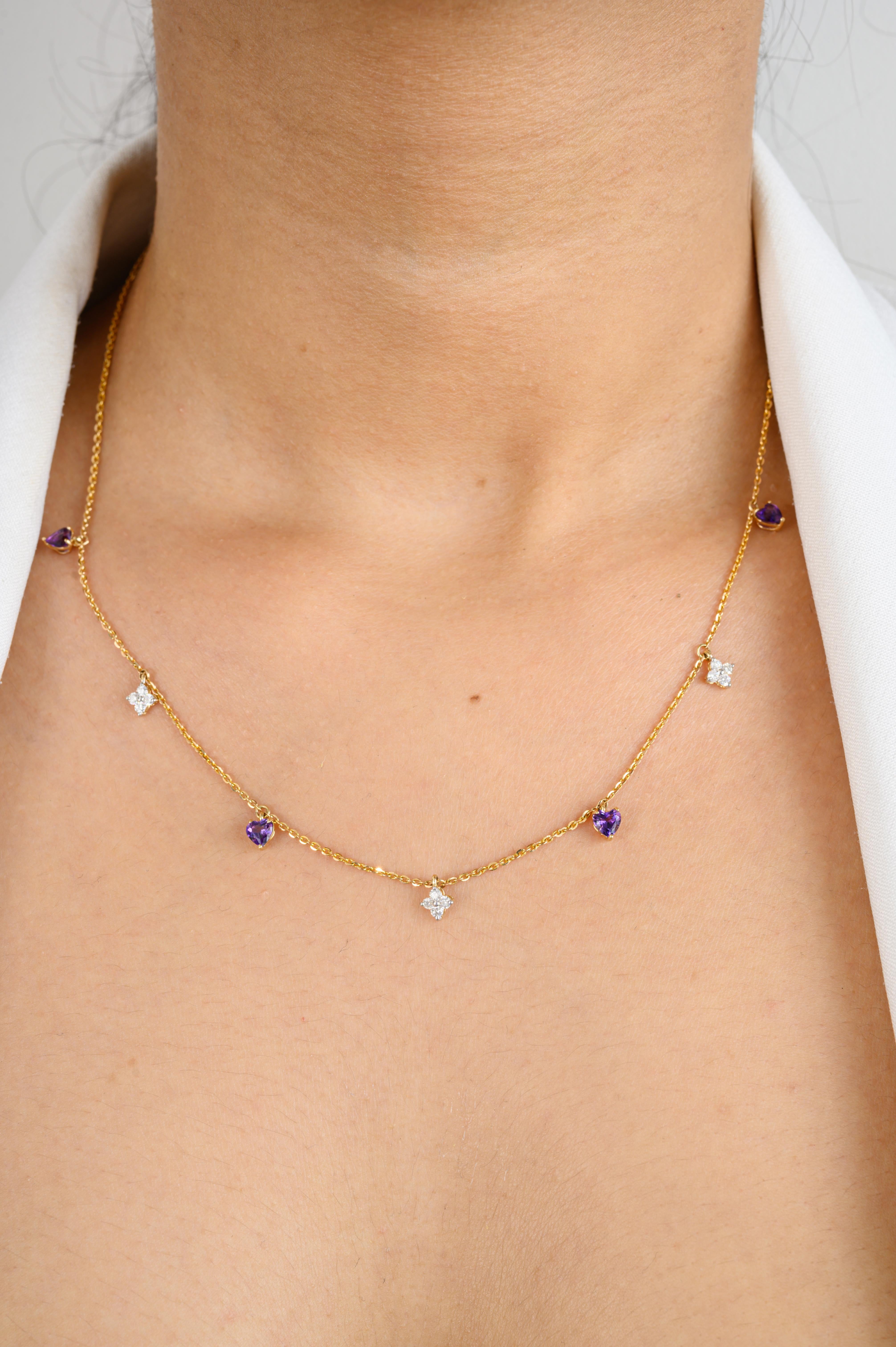 Minimalist Amethyst Diamond Charm Chain Necklace Gift for Her in 14k Yellow Gold For Sale 2
