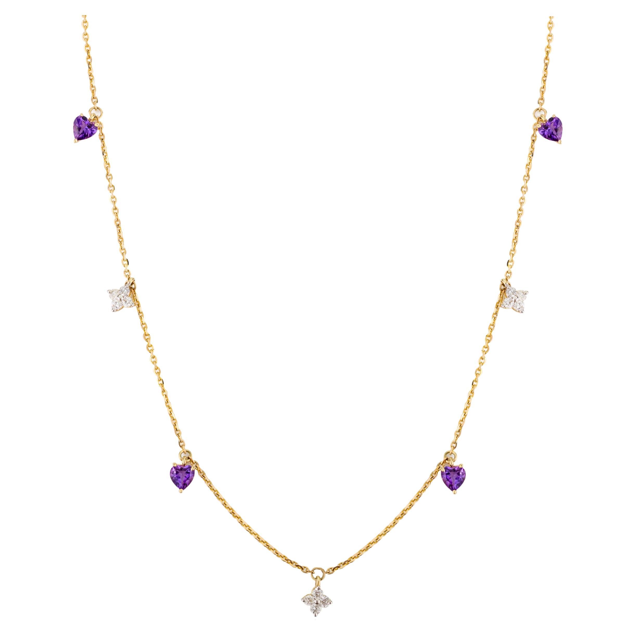 Minimalistische Amethyst Diamant Charme Kette Halskette Geschenk für Sie in 14k Gelbgold