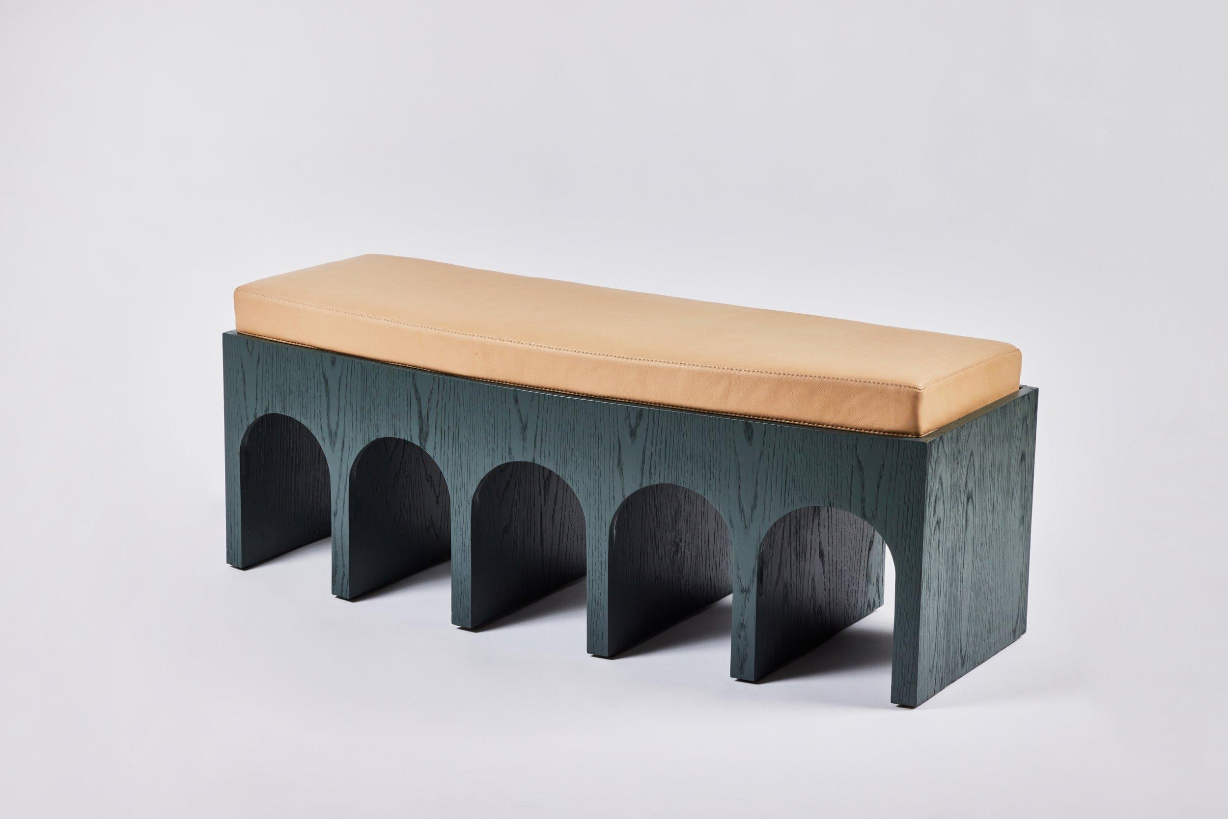 Modern Minimalist Arched Upholstered Arcade Bench Lacquer on Oak by Martin and Brockett For Sale