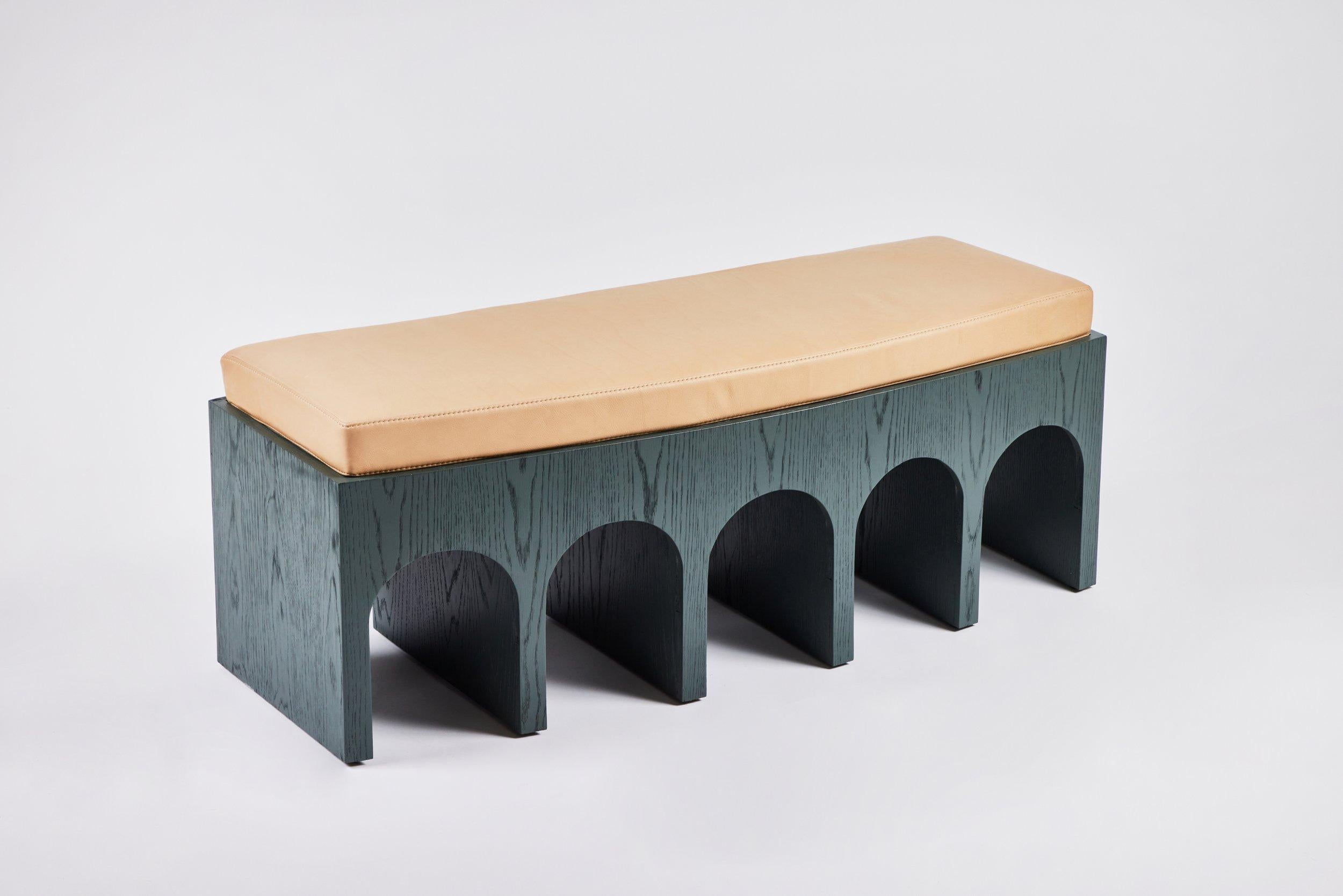 American Minimalist Arched Upholstered Arcade Bench Lacquer on Oak by Martin and Brockett For Sale