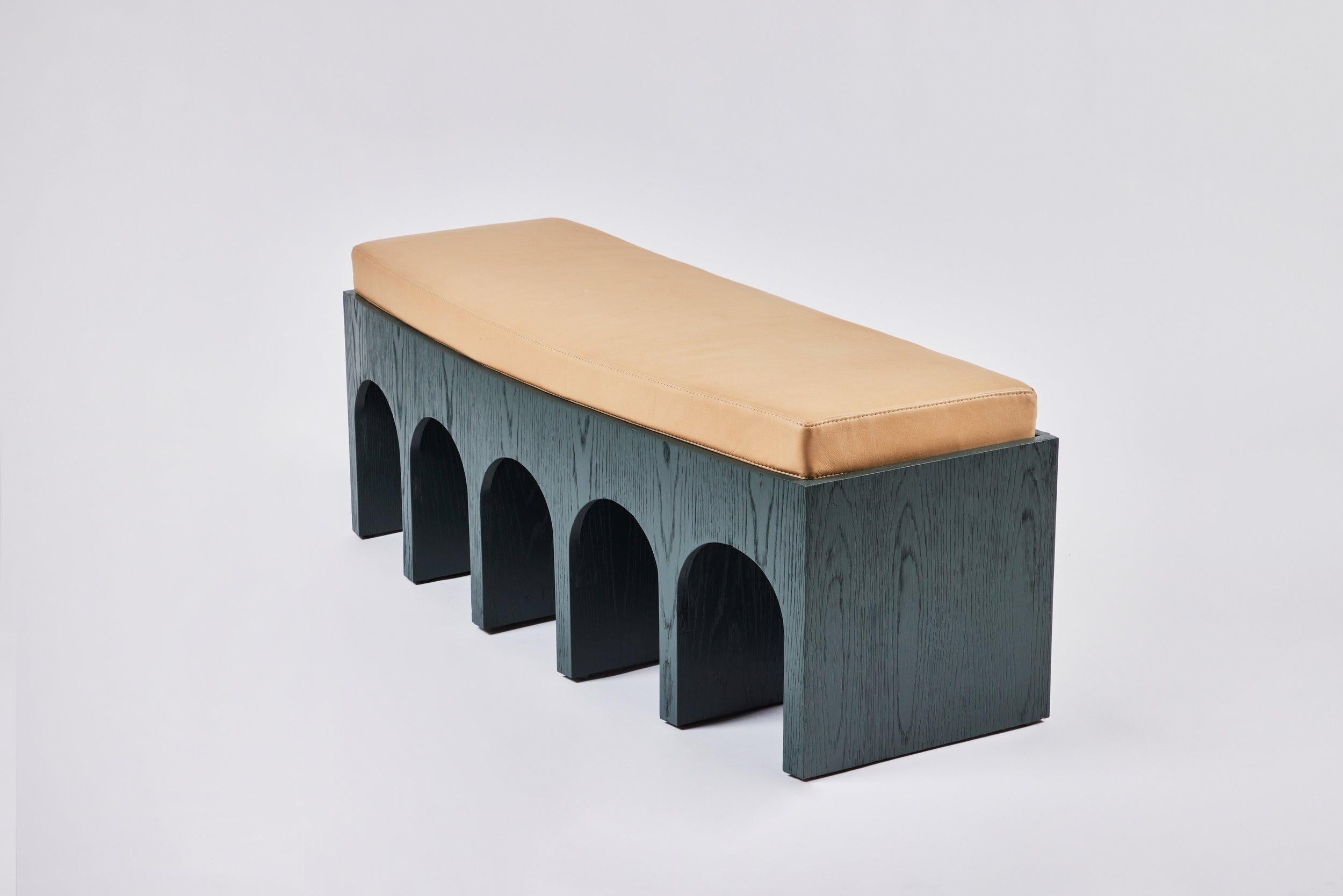 Minimalist Arched Upholstered Arcade Bench Lacquer on Oak by Martin and Brockett In New Condition For Sale In Los Angeles, CA