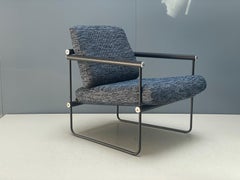 Minimalist Armchair, Black Metal Frame, Light Weight, Blue Upholstery Boucle Ded