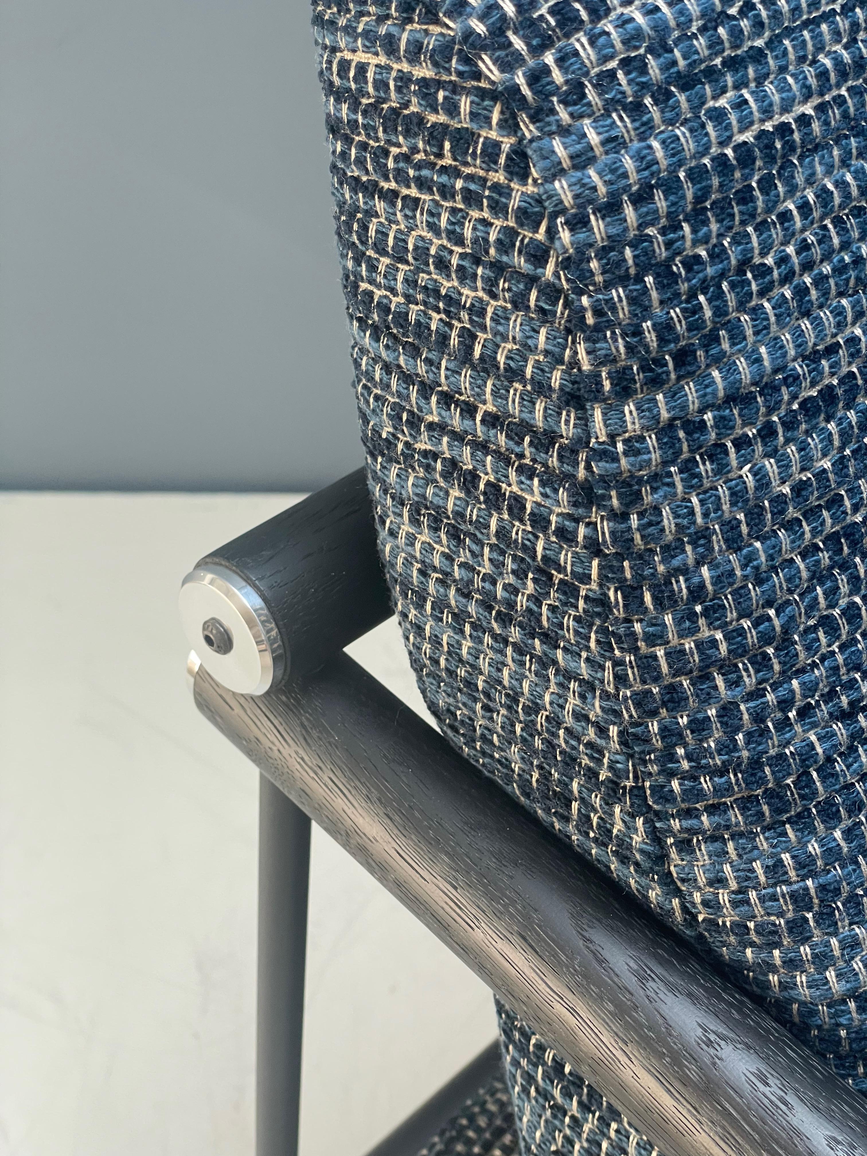 Mid-Century Modern Minimalist Armchair, Black Metal Frame, Light Weight, Blue Upholstery Boucle Ded For Sale