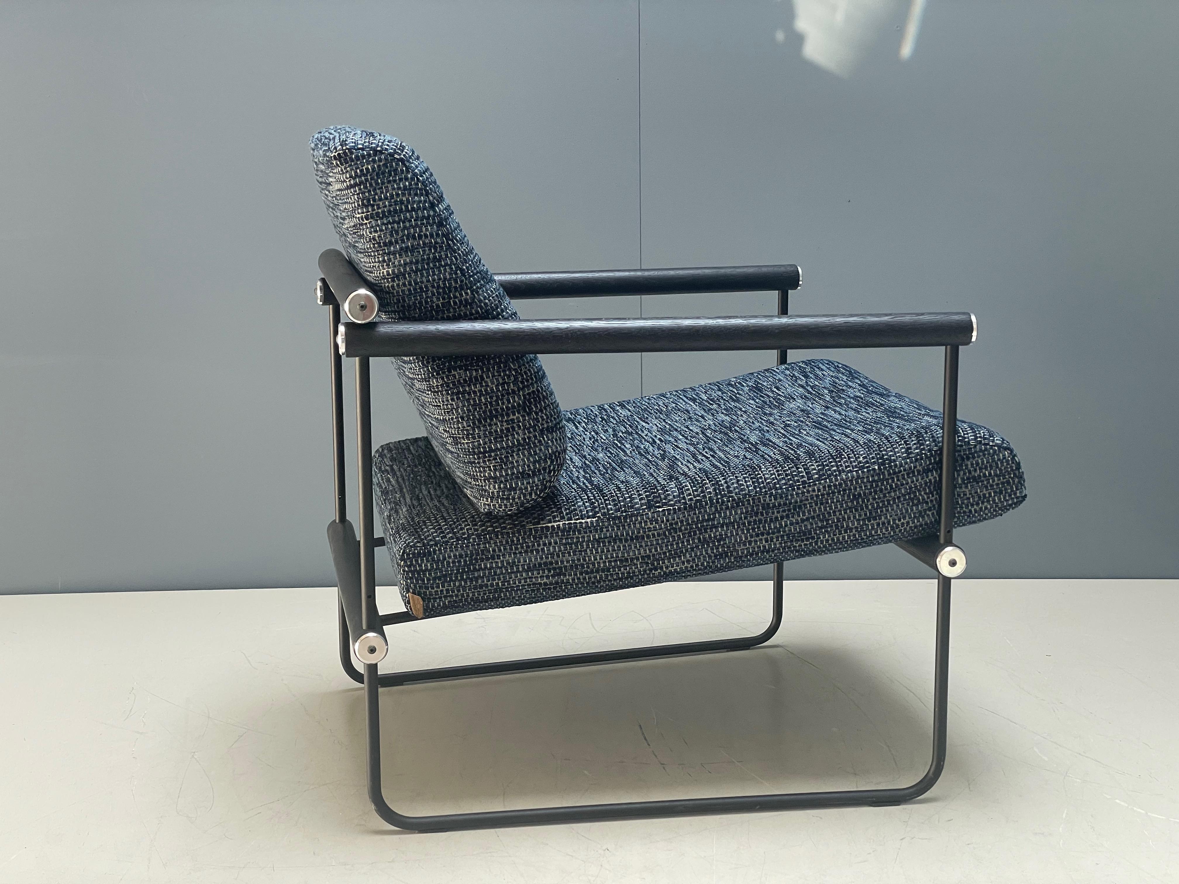 Dutch Minimalist Armchair, Black Metal Frame, Light Weight, Blue Upholstery Boucle Ded For Sale