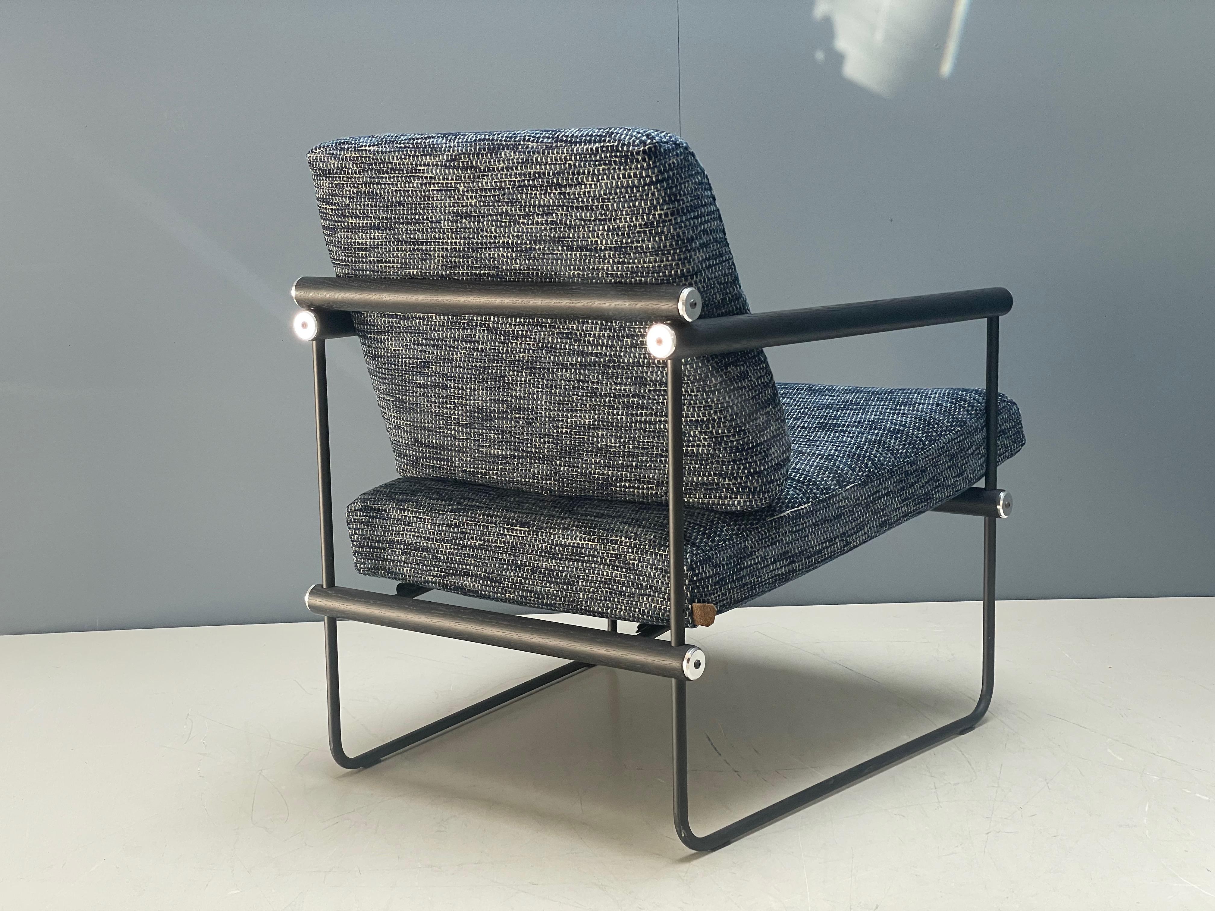 Powder-Coated Minimalist Armchair, Black Metal Frame, Light Weight, Blue Upholstery Boucle Ded For Sale