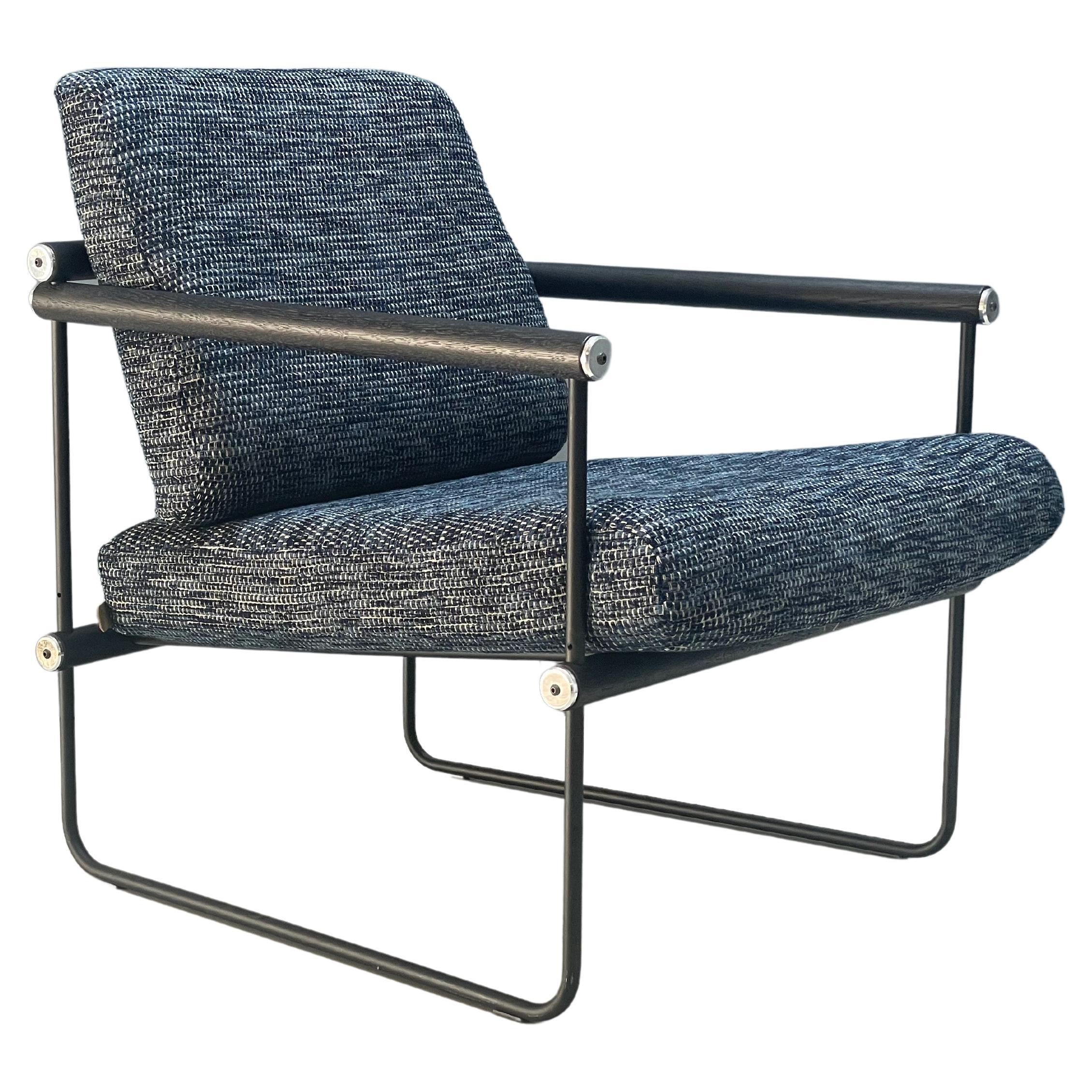 Minimalist Armchair, Black Metal Frame, Light Weight, Blue Upholstery Boucle Ded For Sale