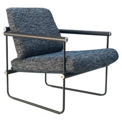 Minimalist Armchair, Black Metal Frame, Light Weight, Blue Upholstery Boucle Ded