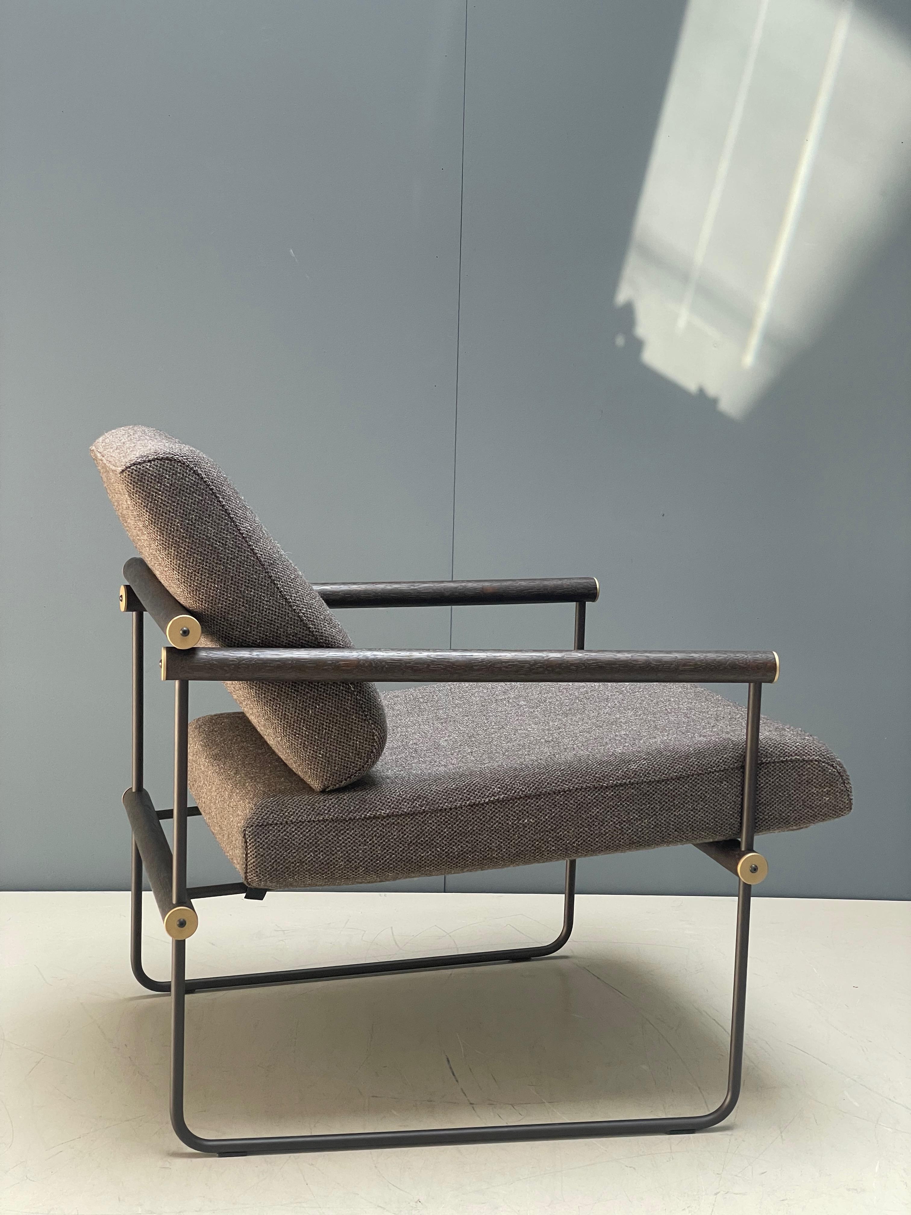 Mid-Century Modern Minimalist Armchair, Brown Metal Frame, Light Weight, Brown Upholstery Kvadrat, For Sale