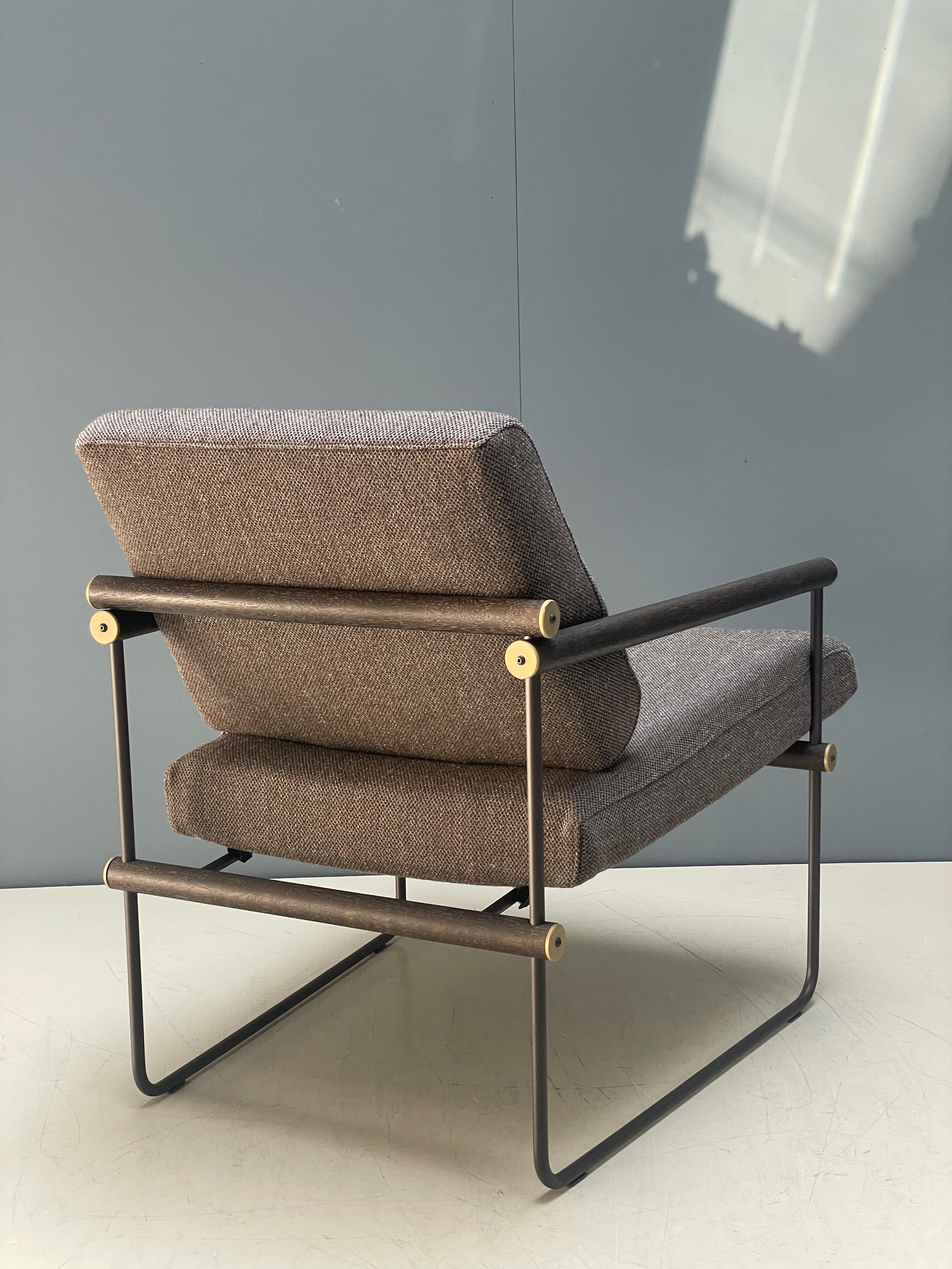 Dutch Minimalist Armchair, Brown Metal Frame, Light Weight, Brown Upholstery Kvadrat, For Sale