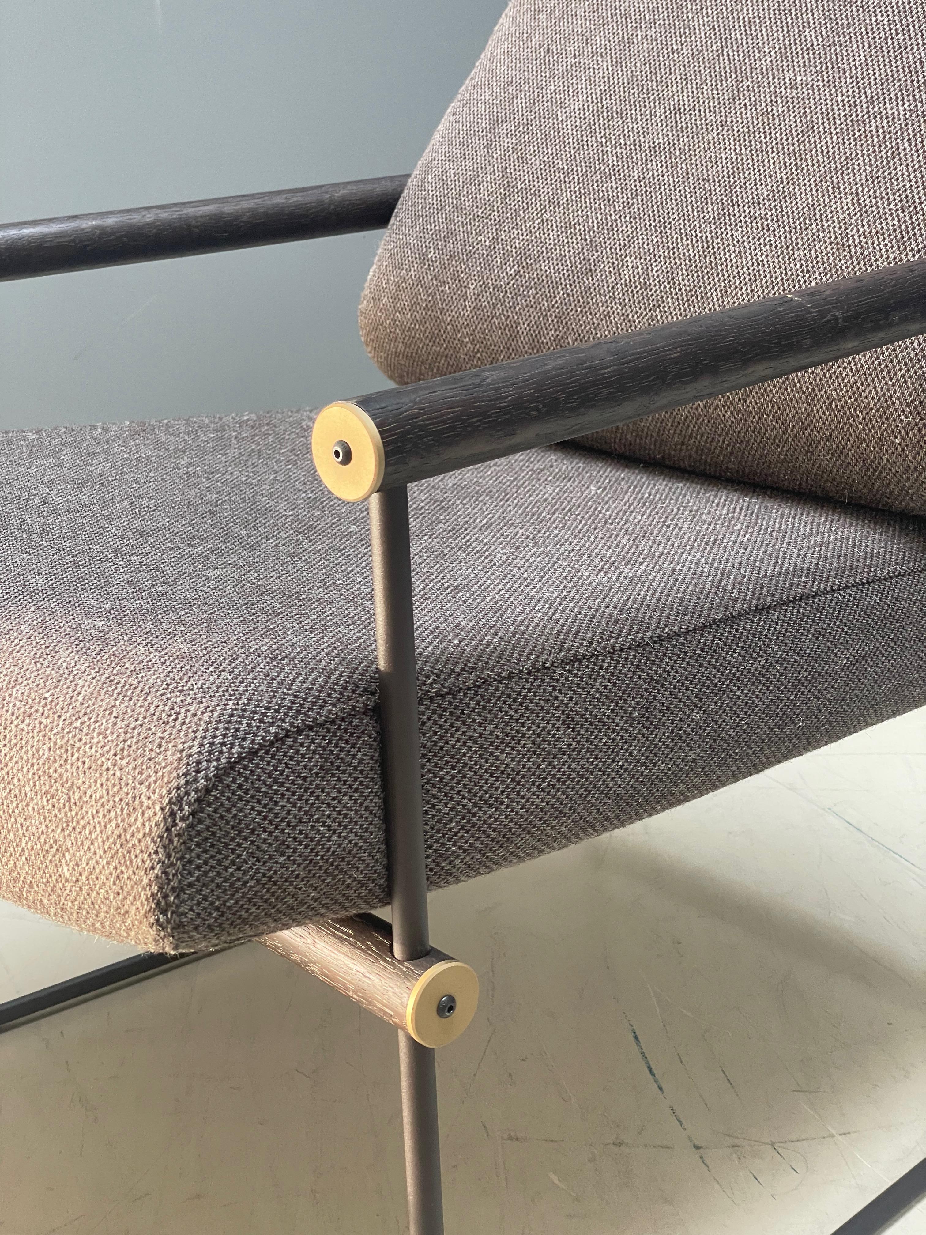 Contemporary Minimalist Armchair, Brown Metal Frame, Light Weight, Brown Upholstery Kvadrat, For Sale