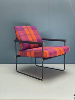 Minimalist Armchair, Brown Metal Frame, Light Weight, Pink Red Upholstery Dedar
