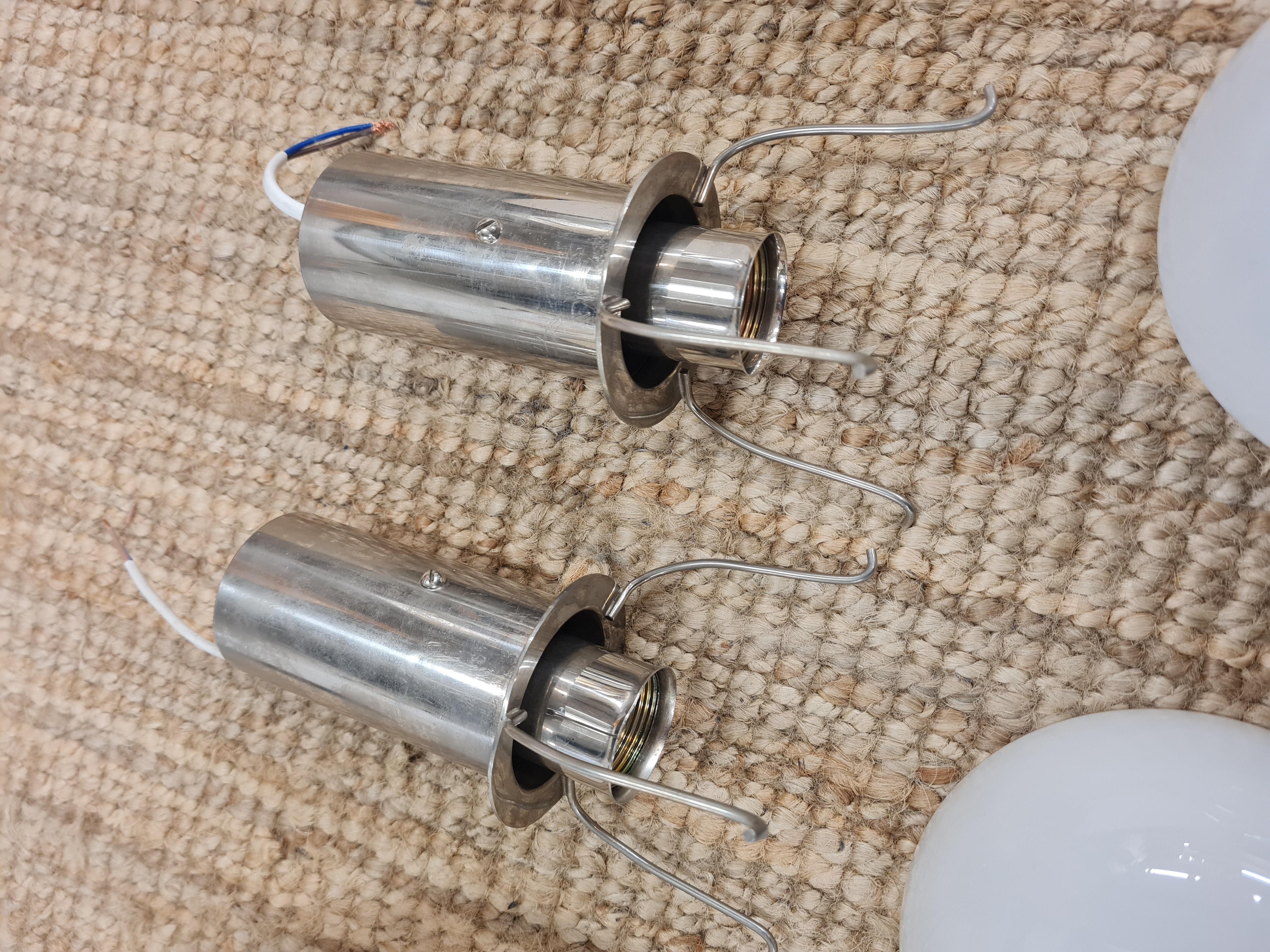 Minimalist Art Deco Paavo Tynell Pendants, Chrome & Opaline Glass, Taito 1930s For Sale 13