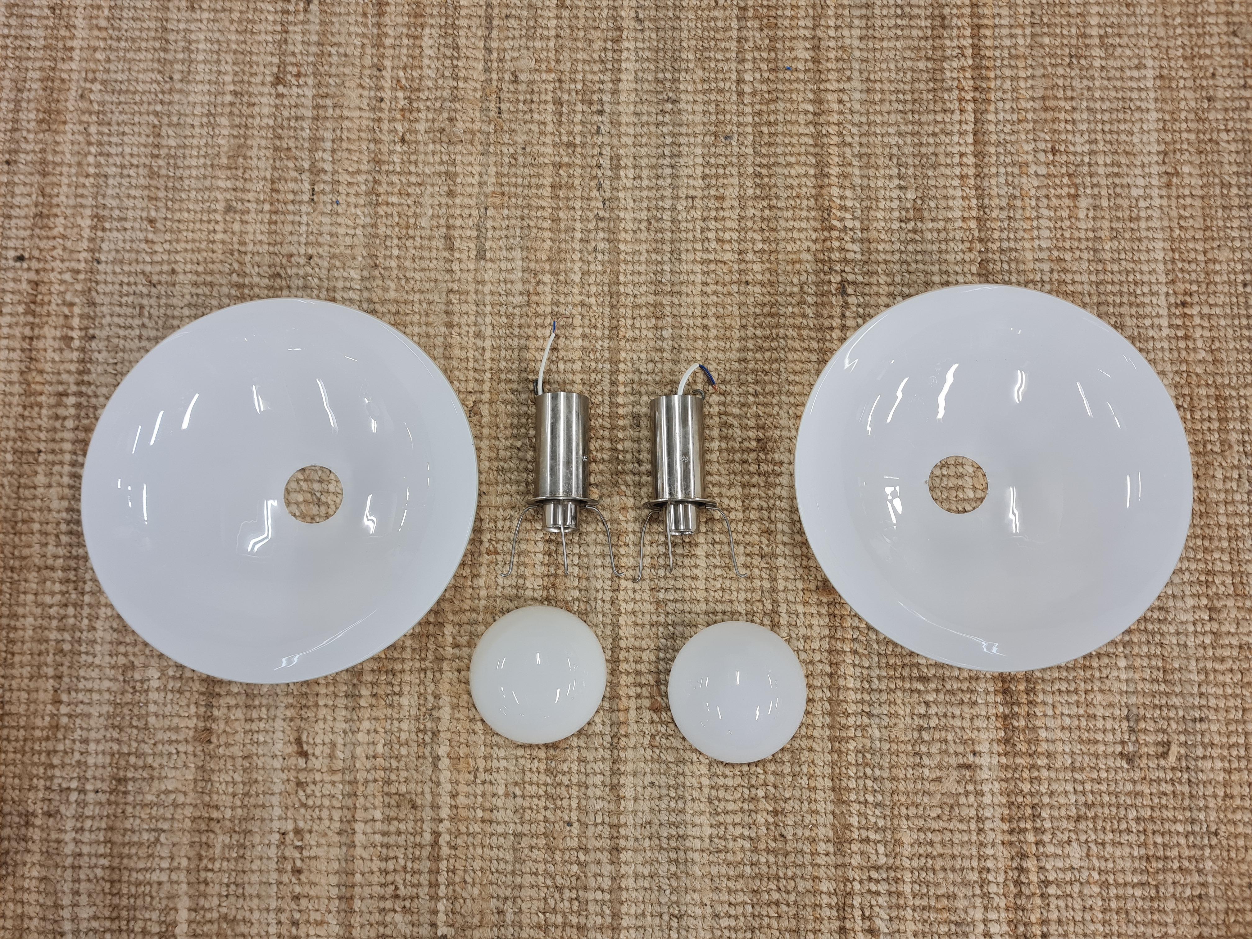 Minimalist Art Deco Paavo Tynell Pendants, Chrome & Opaline Glass, Taito 1930s For Sale 14