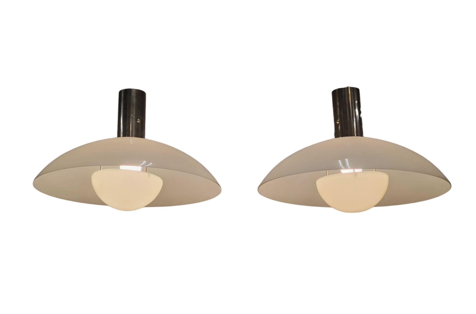 Finnish Minimalist Art Deco Paavo Tynell Pendants, Chrome & Opaline Glass, Taito 1930s For Sale