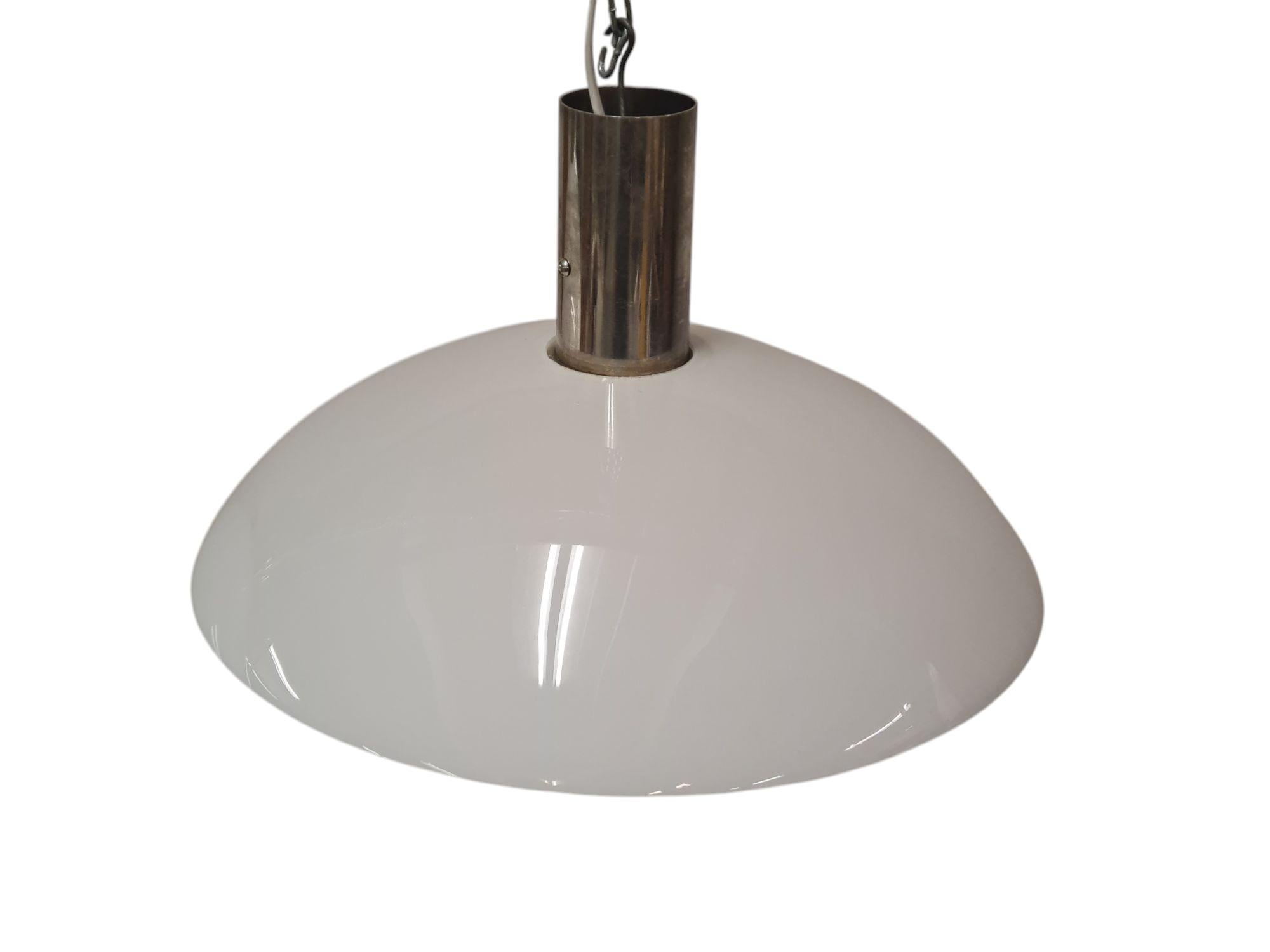 Mid-20th Century Minimalist Art Deco Paavo Tynell Pendants, Chrome & Opaline Glass, Taito 1930s For Sale