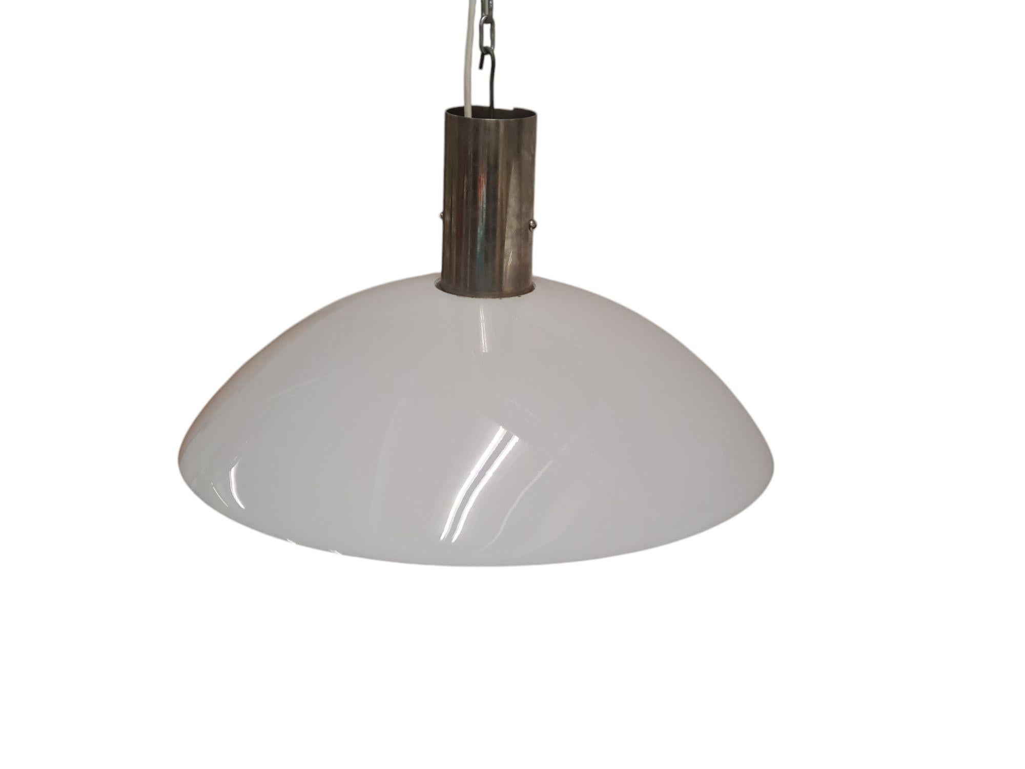 Minimalist Art Deco Paavo Tynell Pendants, Chrome & Opaline Glass, Taito 1930s For Sale 1