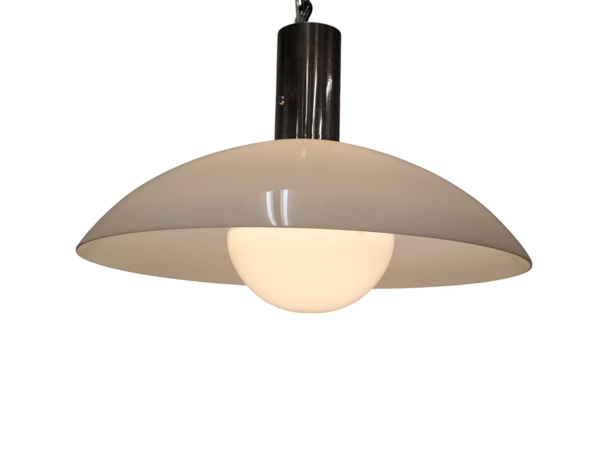 Minimalist Art Deco Paavo Tynell Pendants, Chrome & Opaline Glass, Taito 1930s For Sale 2