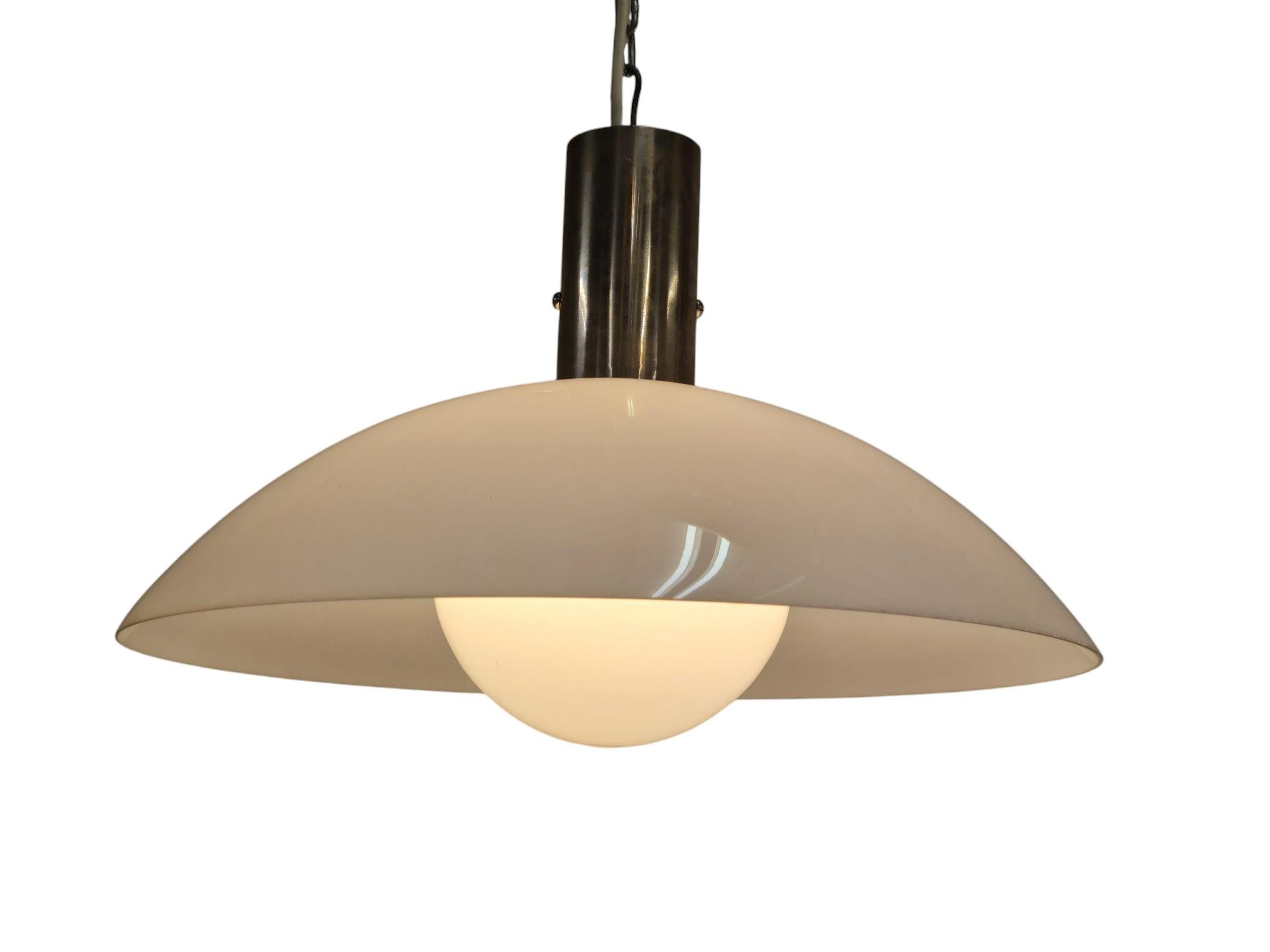 Minimalist Art Deco Paavo Tynell Pendants, Chrome & Opaline Glass, Taito 1930s For Sale 3