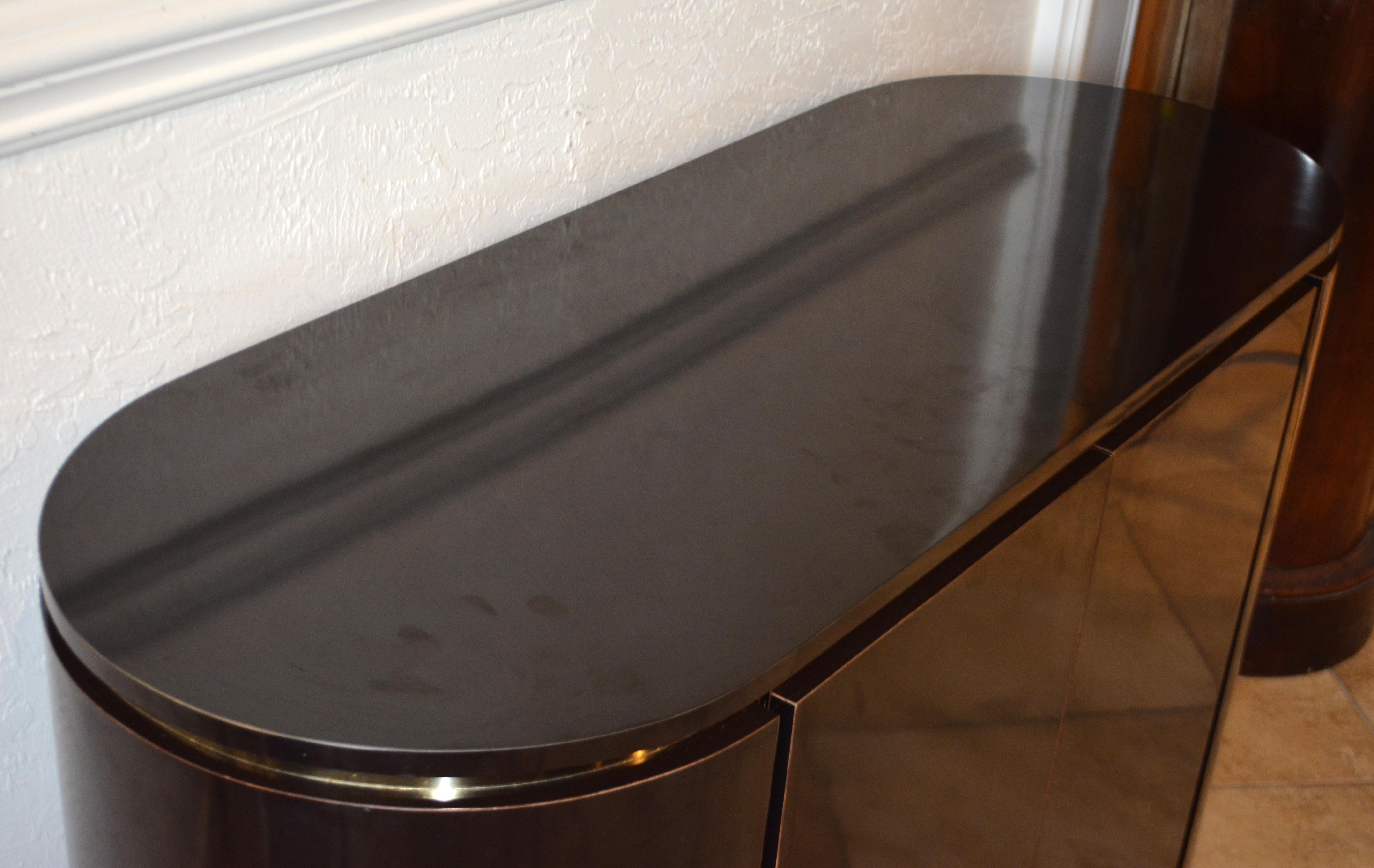 Minimalist Art Deco Style Black Laminate and Brass Oval Small Sideboard Cabinet 6