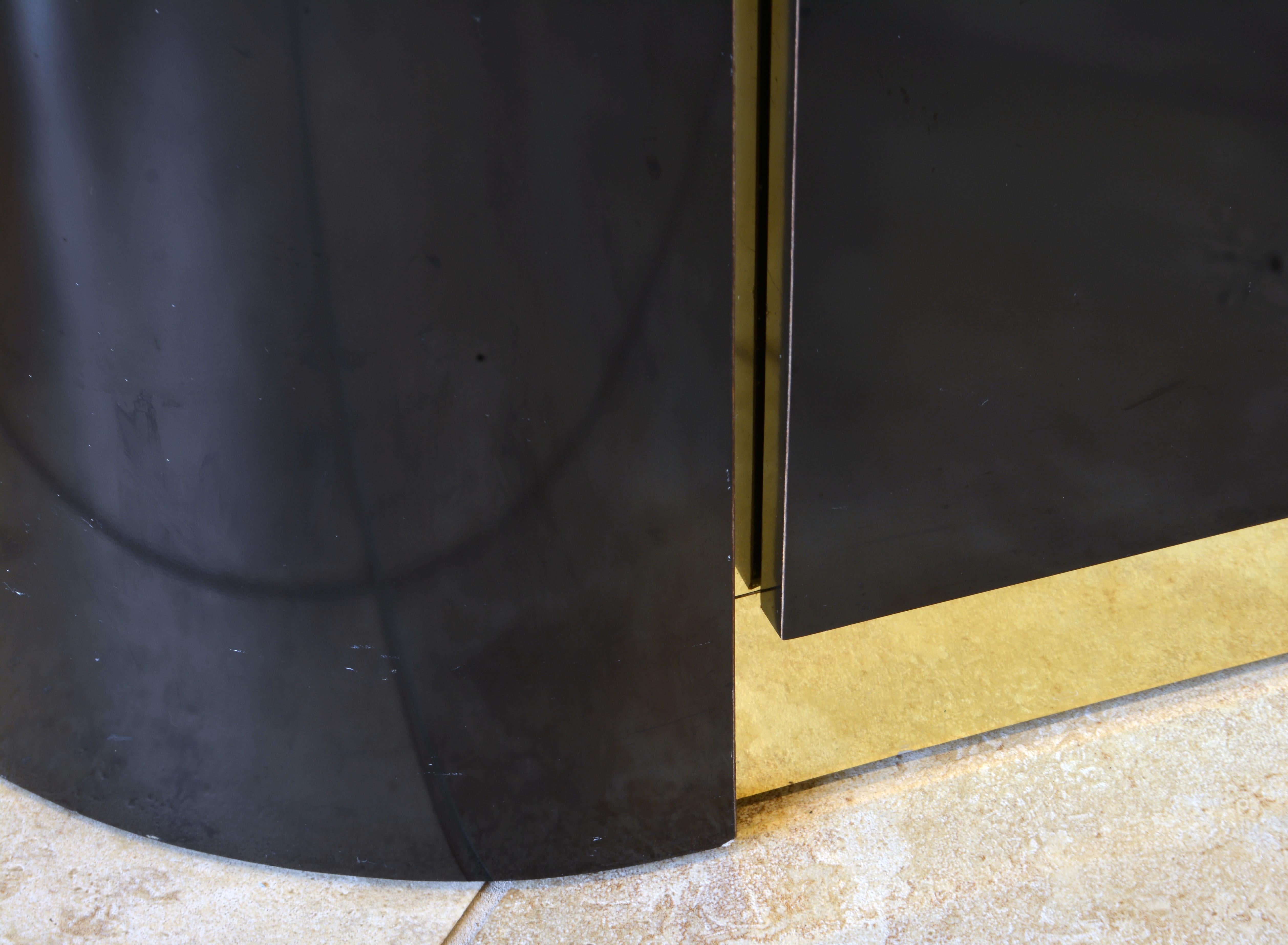 American Minimalist Art Deco Style Black Laminate and Brass Oval Small Sideboard Cabinet