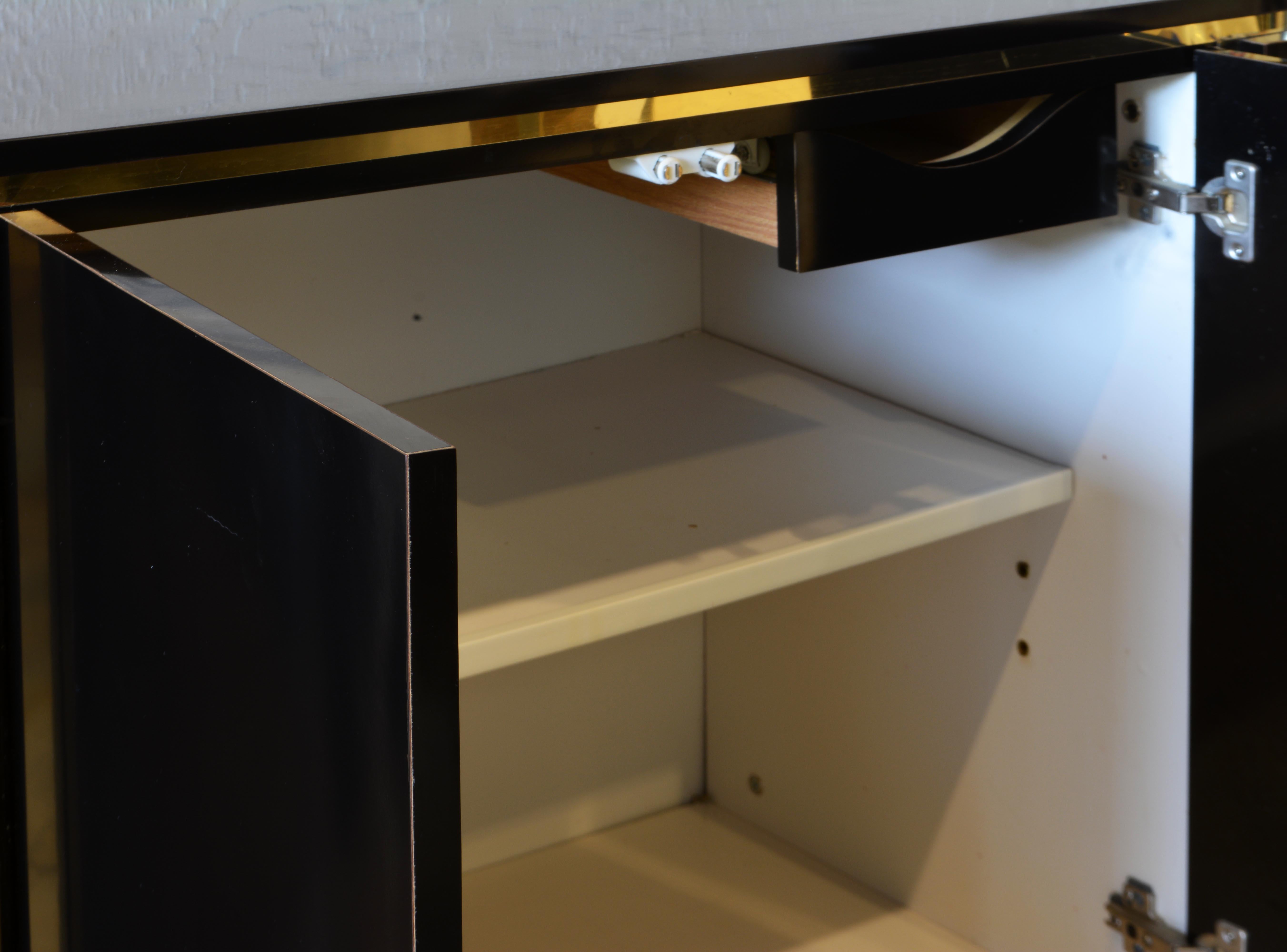 Minimalist Art Deco Style Black Laminate and Brass Oval Small Sideboard Cabinet 1
