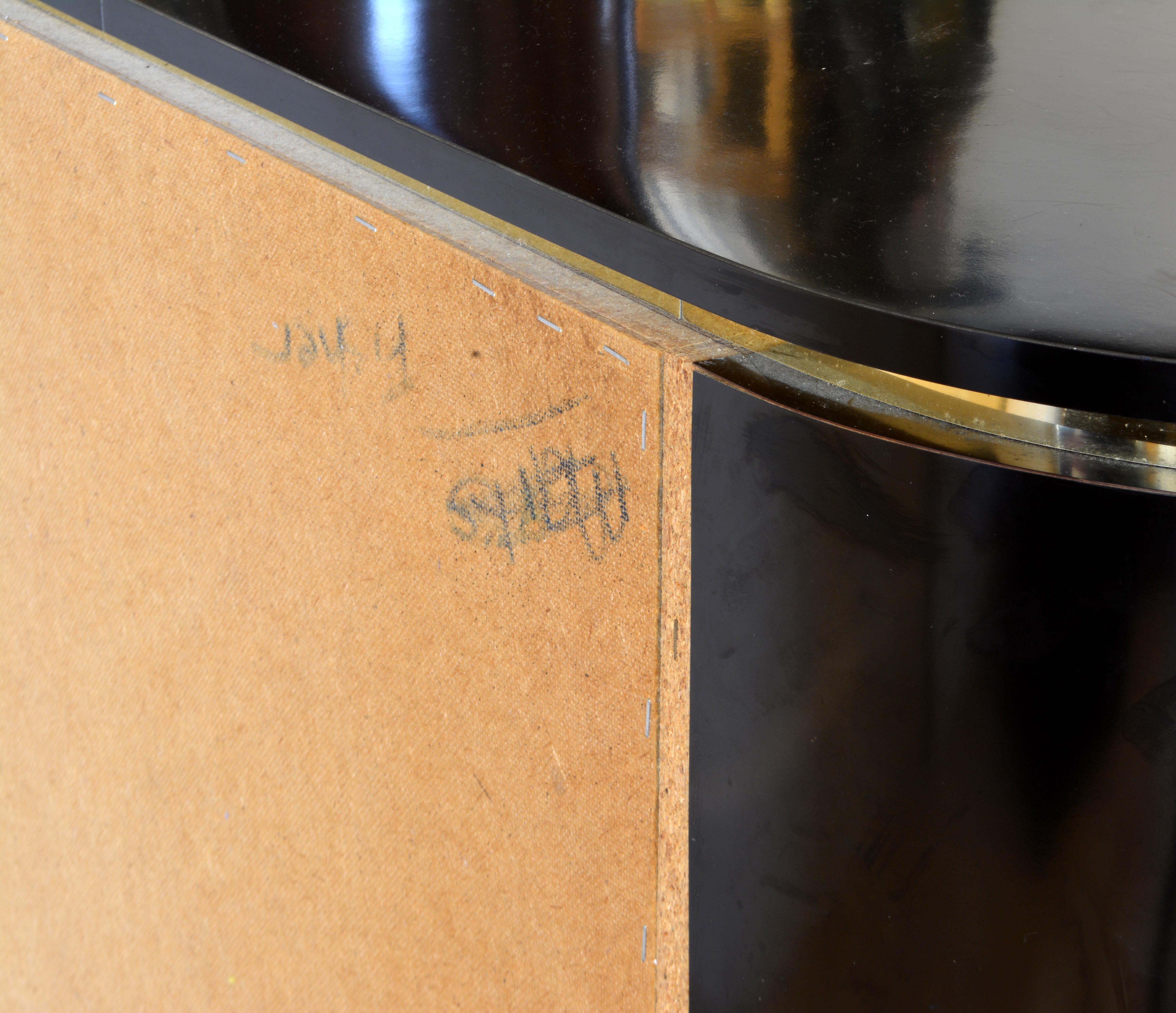 Minimalist Art Deco Style Black Laminate and Brass Oval Small Sideboard Cabinet 2