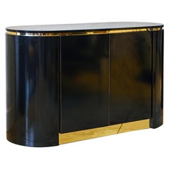 Minimalist Art Deco Style Black Laminate and Brass Oval Small Sideboard Cabinet