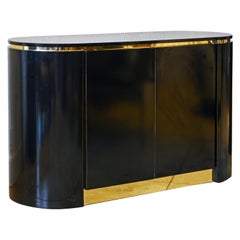 Retro Minimalist Art Deco Style Black Laminate and Brass Oval Small Sideboard Cabinet